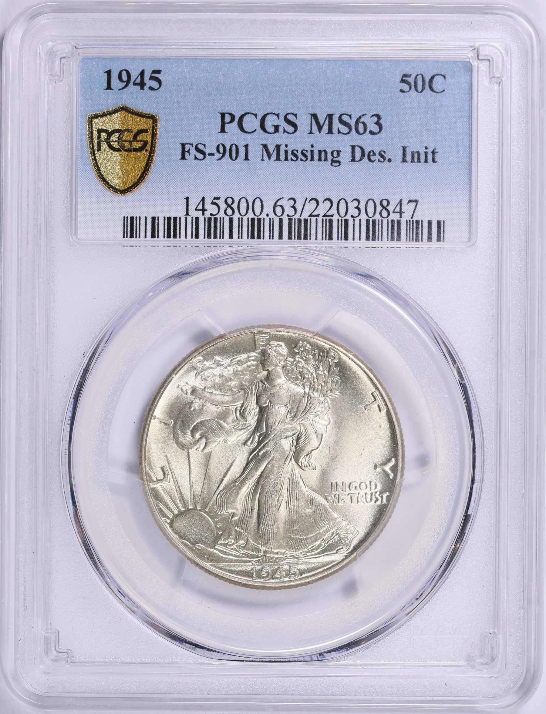 1945 Walking Liberty Half Dollar Missing Designers Initial FS-901