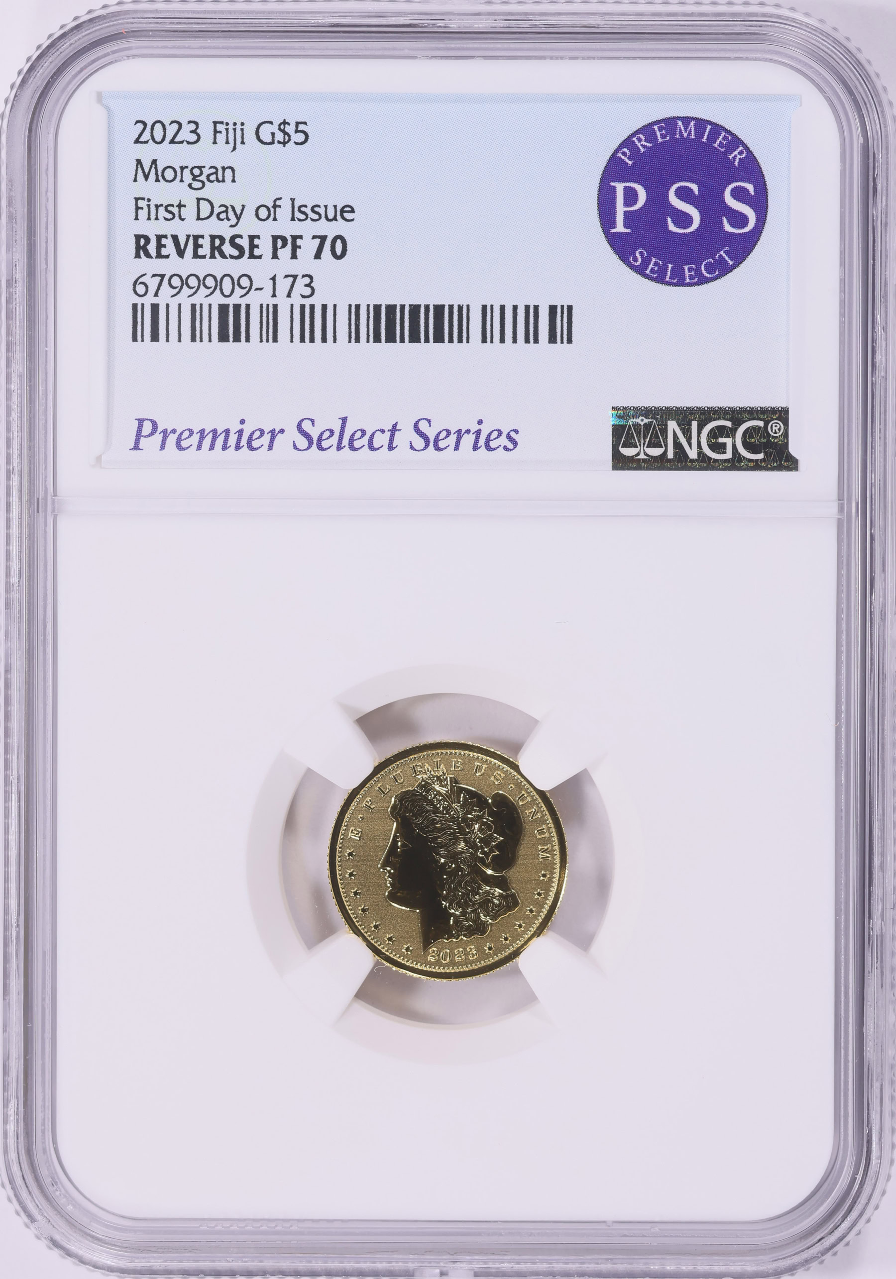 Fiji 2023 Gold $5 Morgan Reverse Proof First Day of Issue NGC