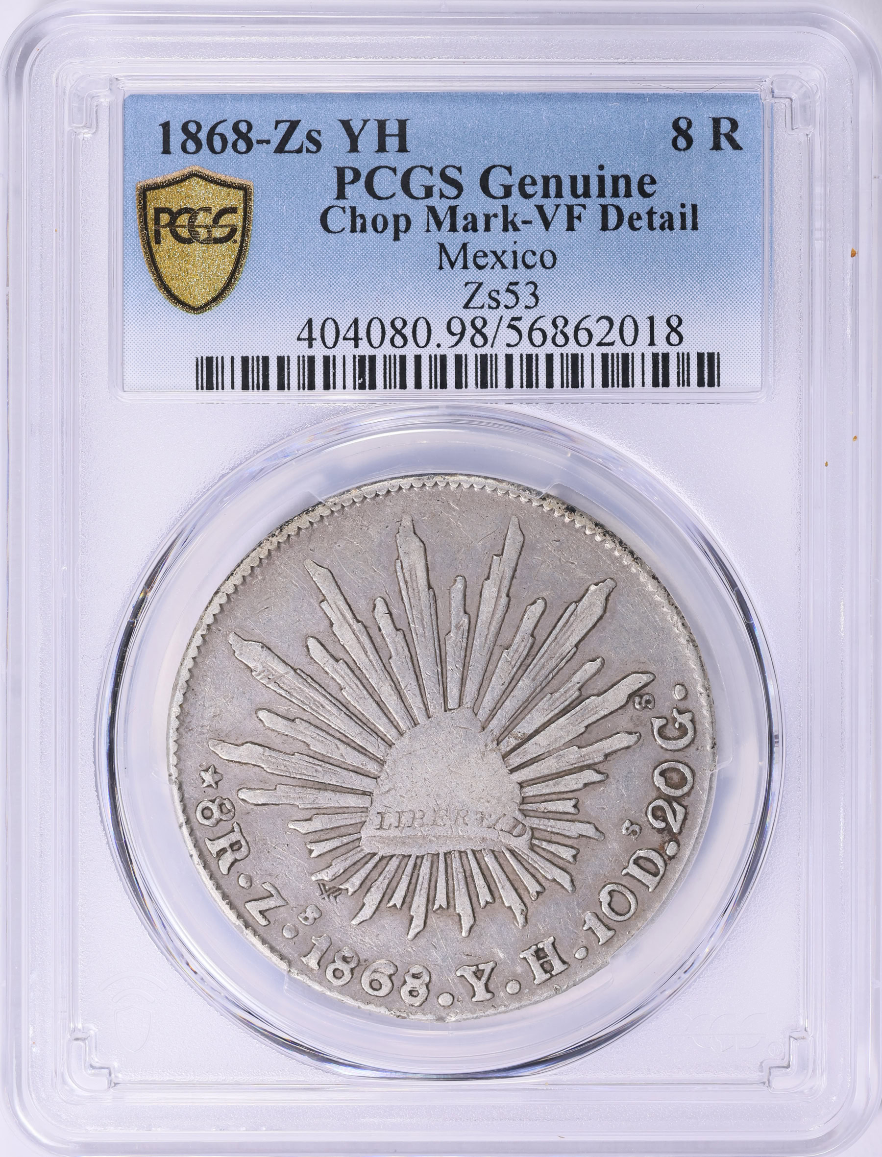 Mexico 1868-Zs YH Silver 8 Reales KM-377.13 PCGS Genuine VF