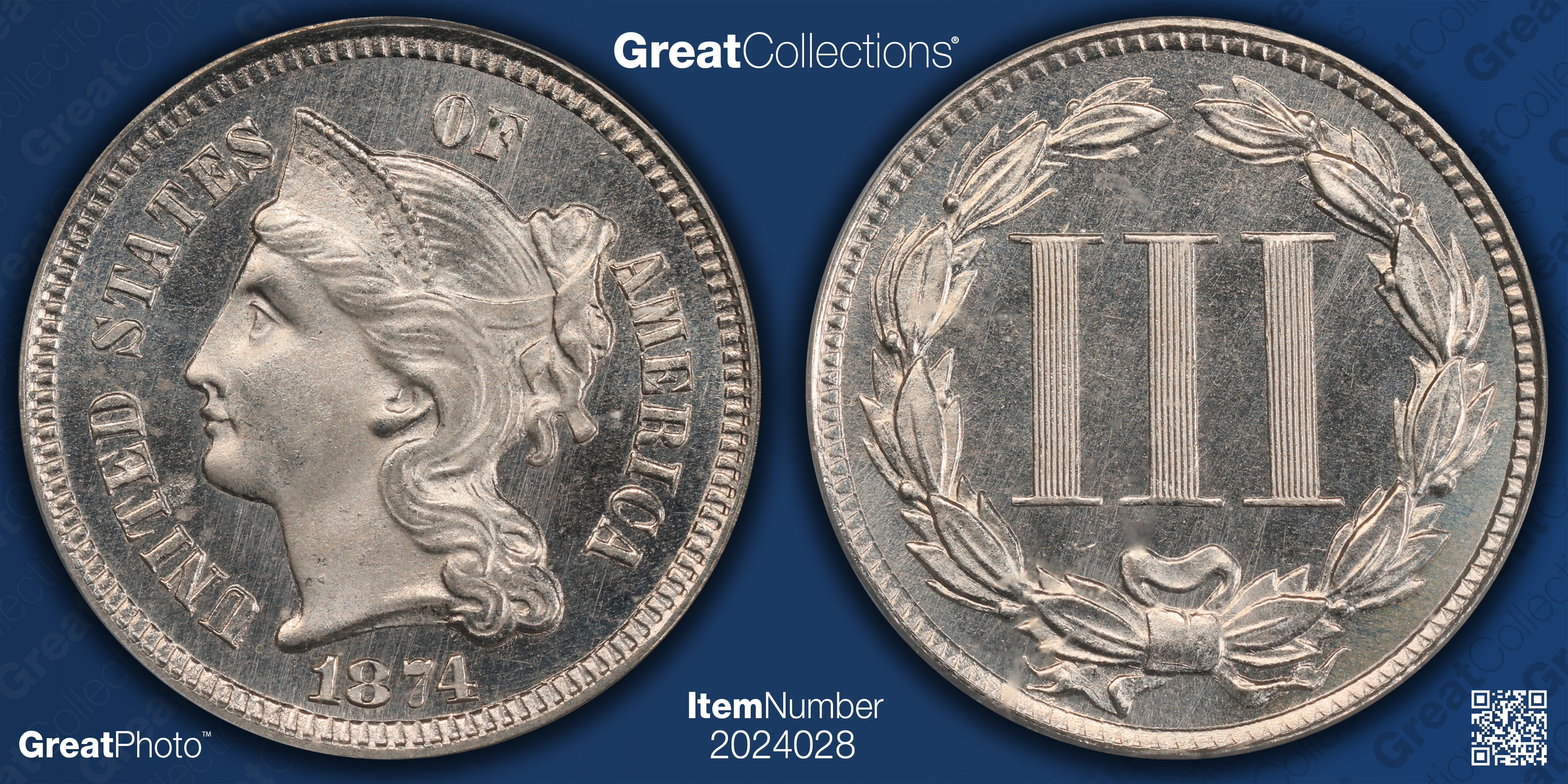 1874 Nickel Three-Cent Piece PCGS Proof-65 CAMEO (Item 2024028