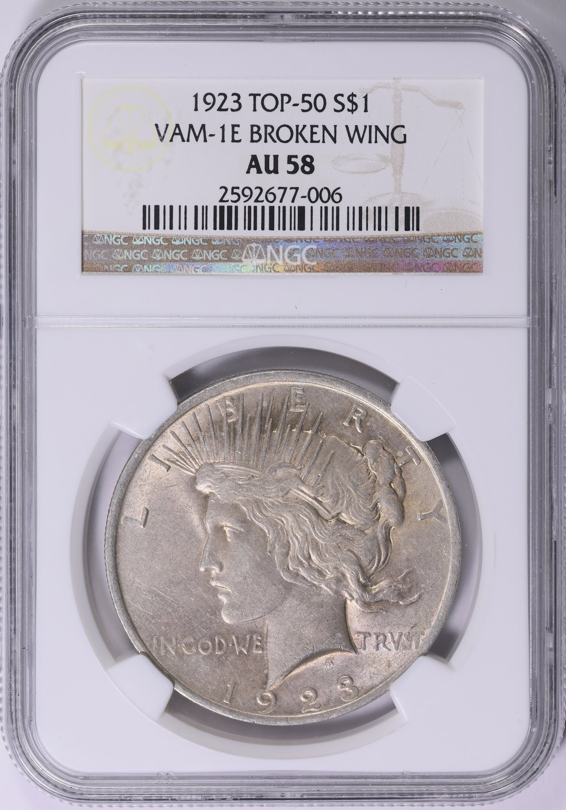 1923 Peace Silver Dollar Broken Wing VAM-1E *Top 50* NGC AU-58