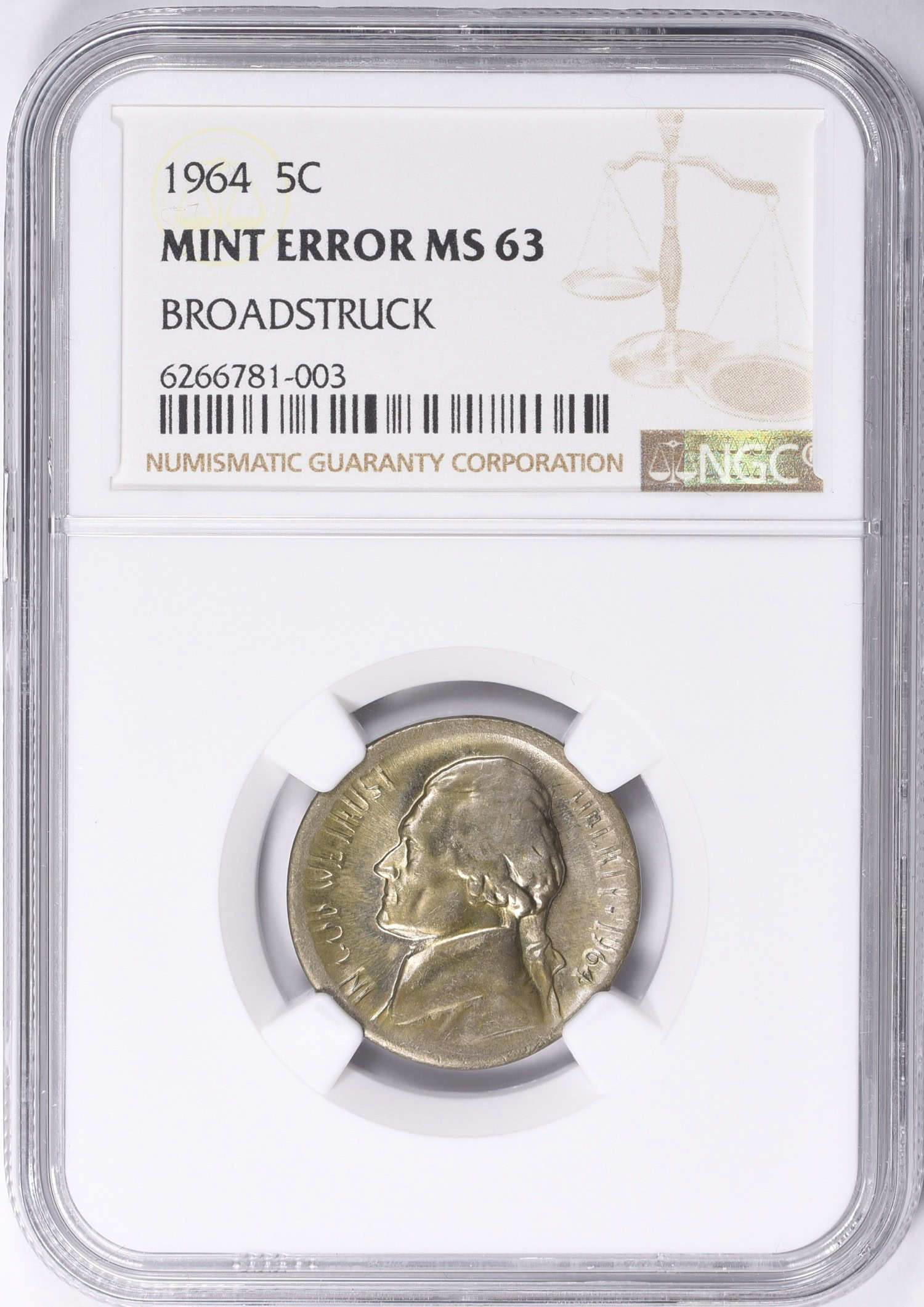 Mint Error 1964 Jefferson Nickel Broadstruck NGC MS-63 | NGC Cert