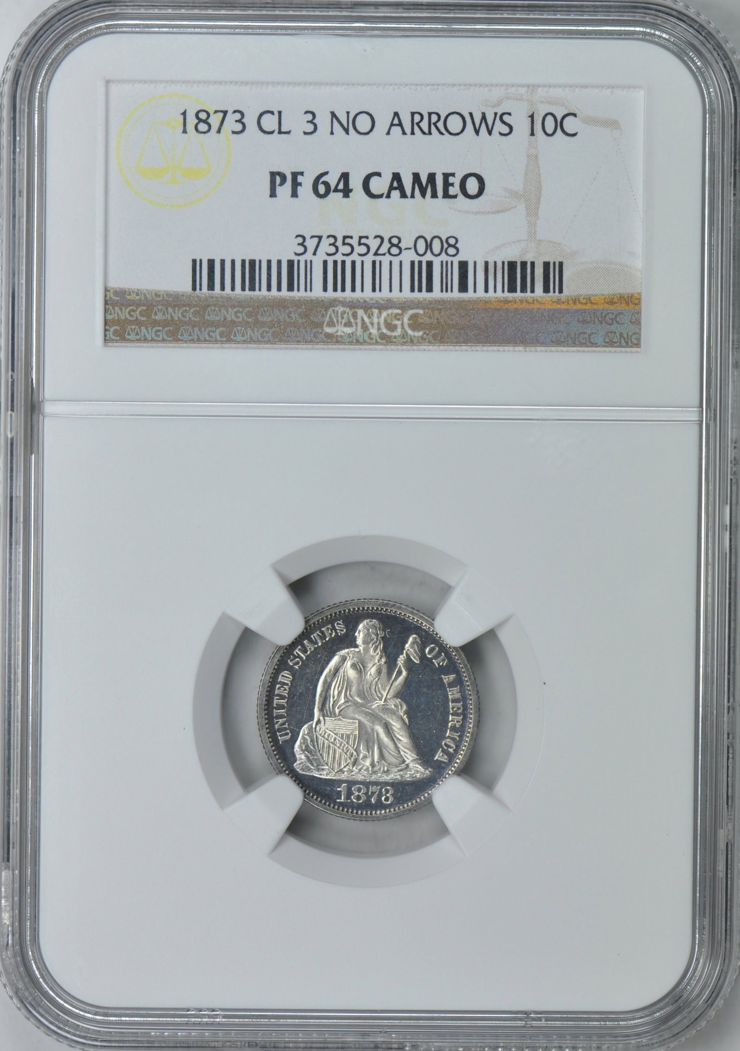 1873 Seated Liberty Dime No Arrows. Closed 3 NGC Proof-64 (Item