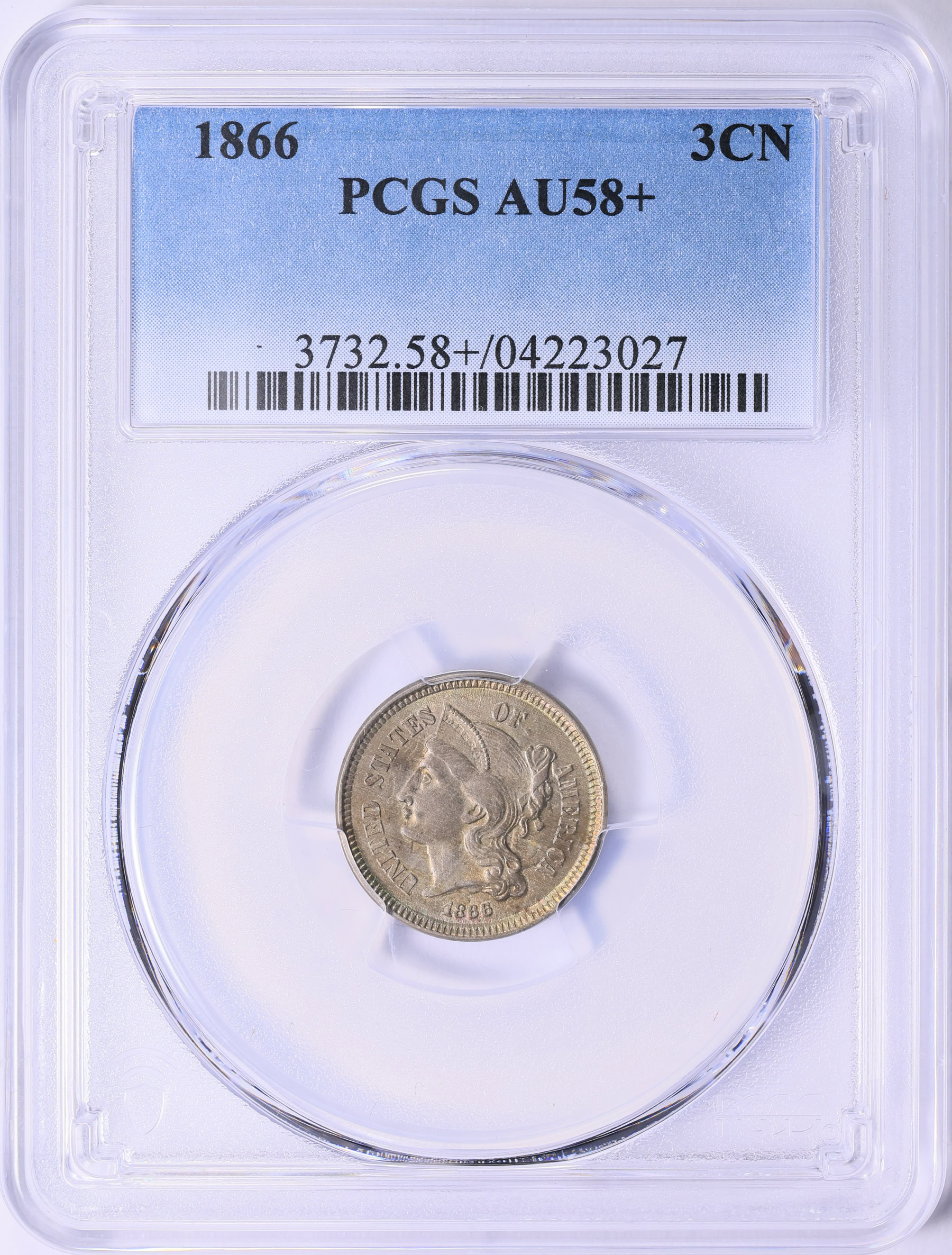1866 Nickel Three-Cent Piece PCGS AU-58+ (Toned) (Item 2026019