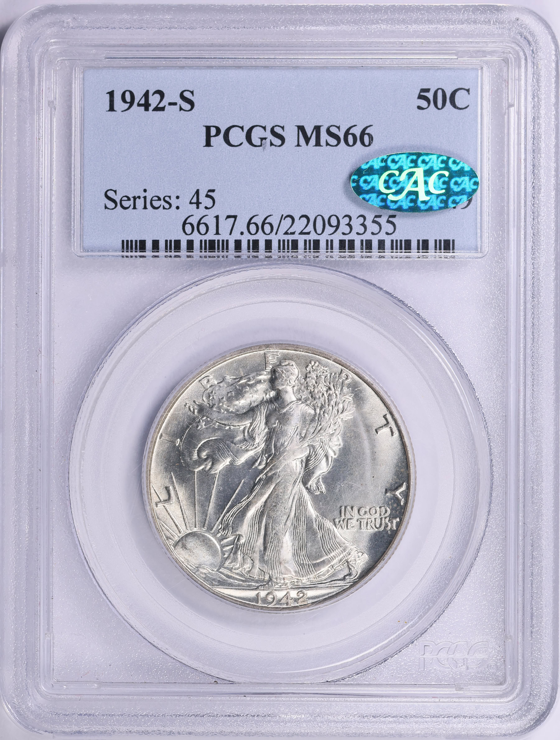 1942-S Walking Liberty Half Dollar PCGS MS-66 (CAC Green) (Item