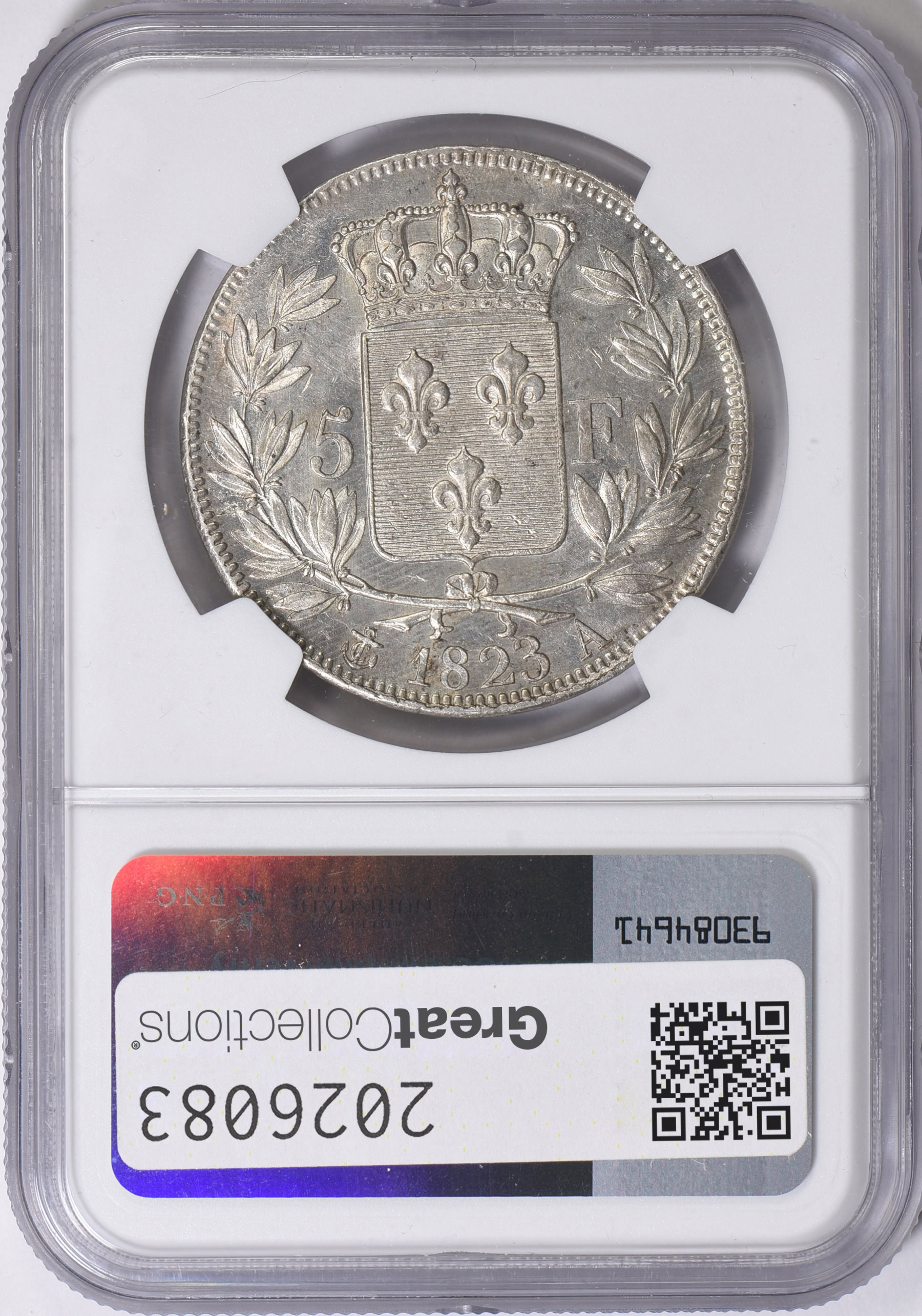 France 1823-A Silver 5 Francs KM-711.1 NGC MS-61 (Item 2026083