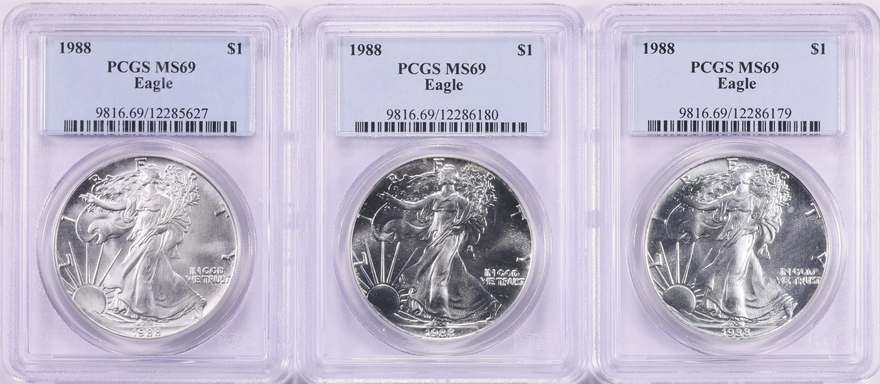 1988 $1 Silver Eagle PCGS MS-69 (3 Coins) (Item 2026208