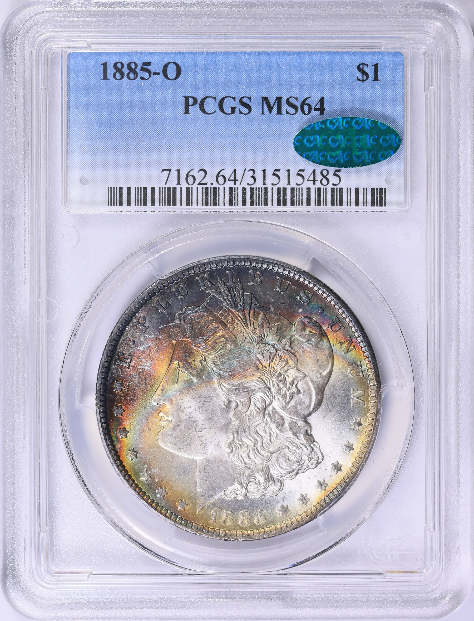 1885-O Morgan Silver Dollar PCGS MS-64 (CAC Green) (Toned) (Item