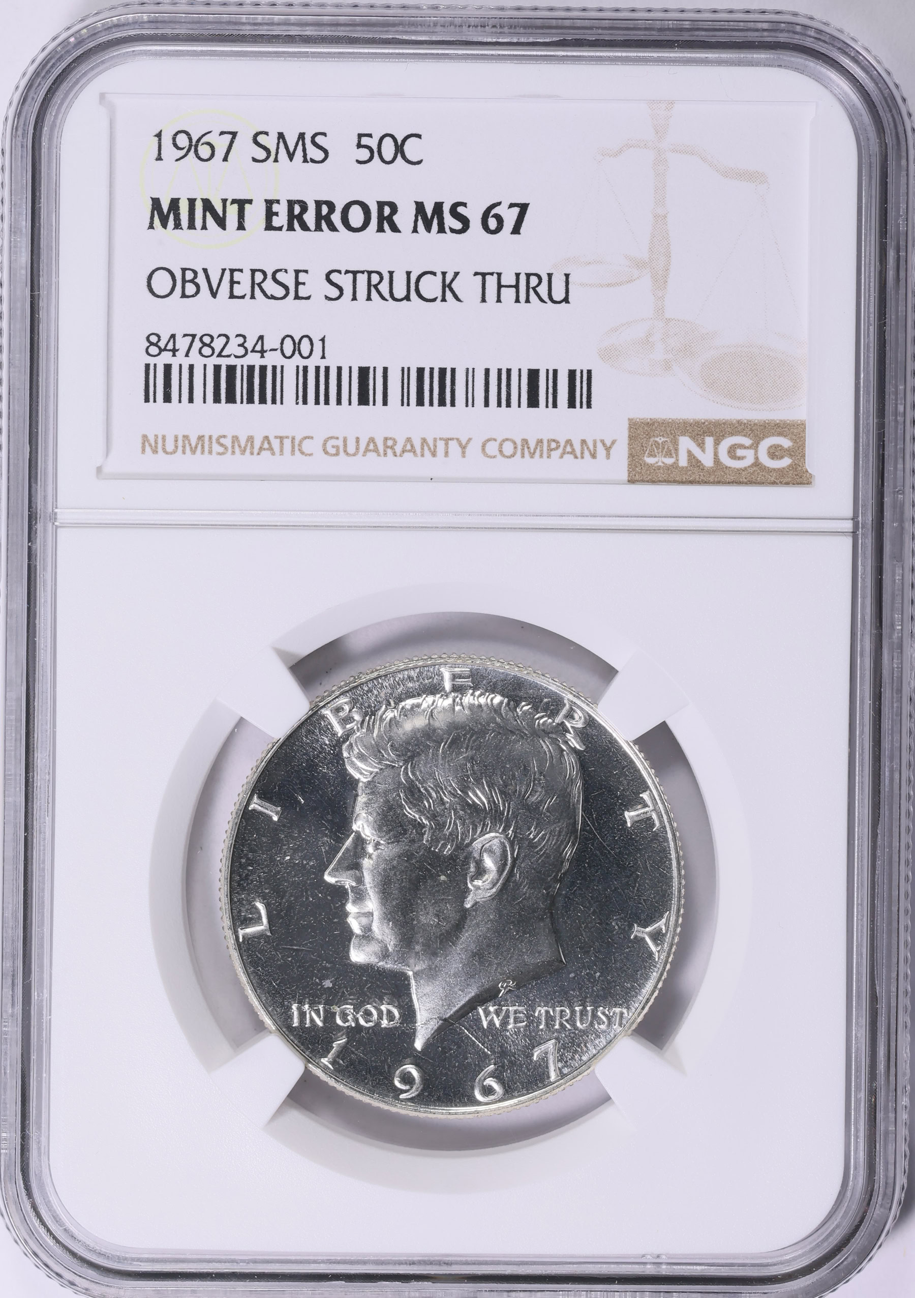ザ・グリード('98米)廃盤激レア Mint Error 1967 Kennedy Half Dollar SMS Obverse Struck Through NGC