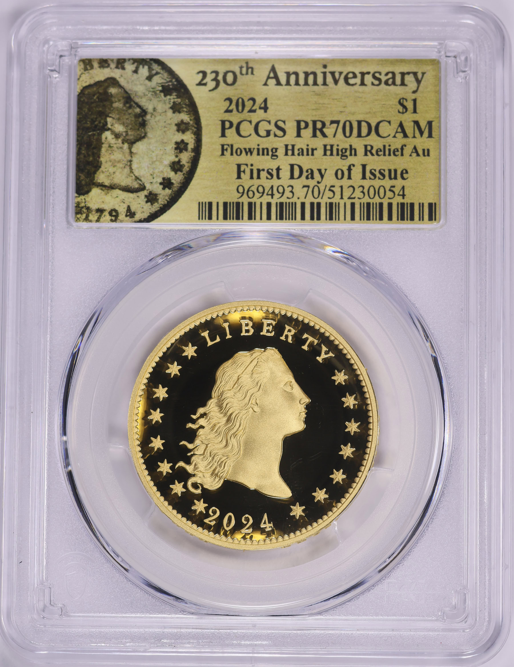 2024 Flowing Hair High Relief Gold Dollar 230th Anniversary First