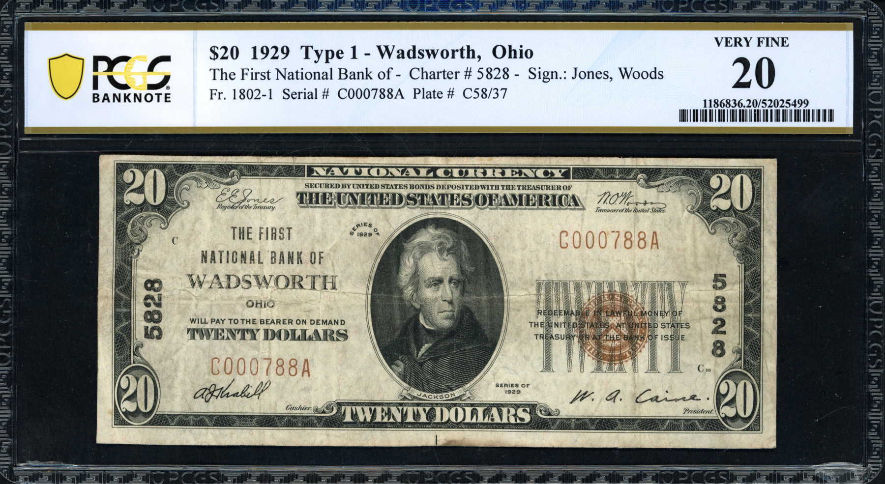 Fr. 1802-1 Wadsworth, Ohio 1929 Type 1 $20 Note The First National