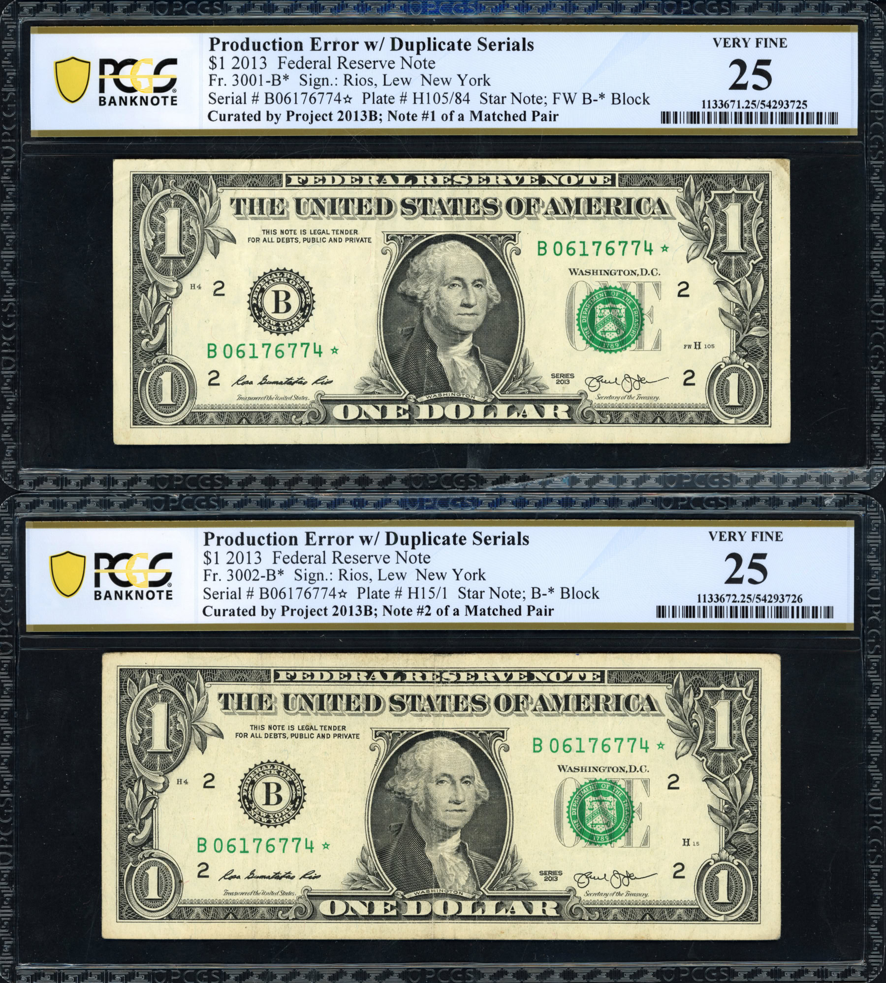 Fr. 3001-B☆ &amp; 3002-B☆ 2013 $1 New York Federal Reserve Error
