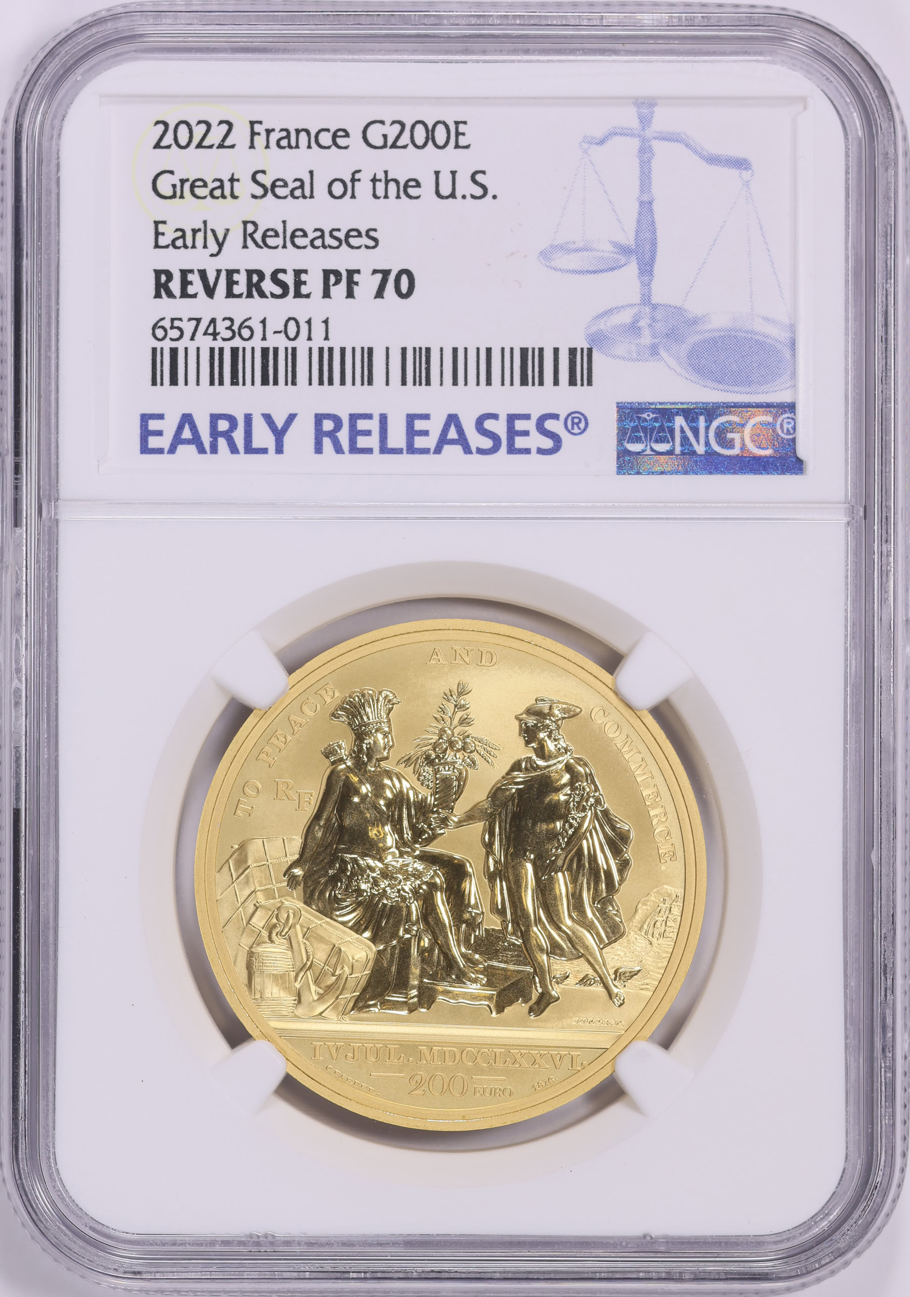France 2022 Gold €200 Great Seal of the USA Reverse Proof KM-3117