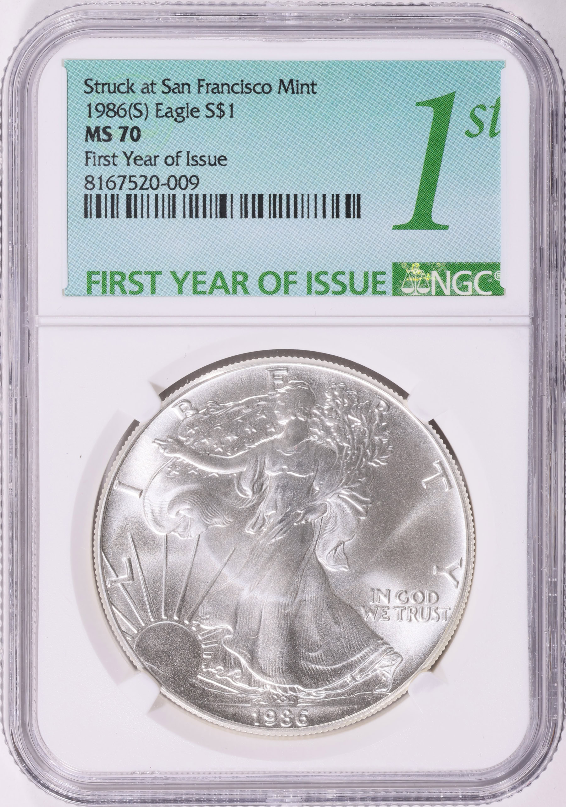1986-(S) $1 Silver Eagle Struck at San Francisco NGC MS-70 (First