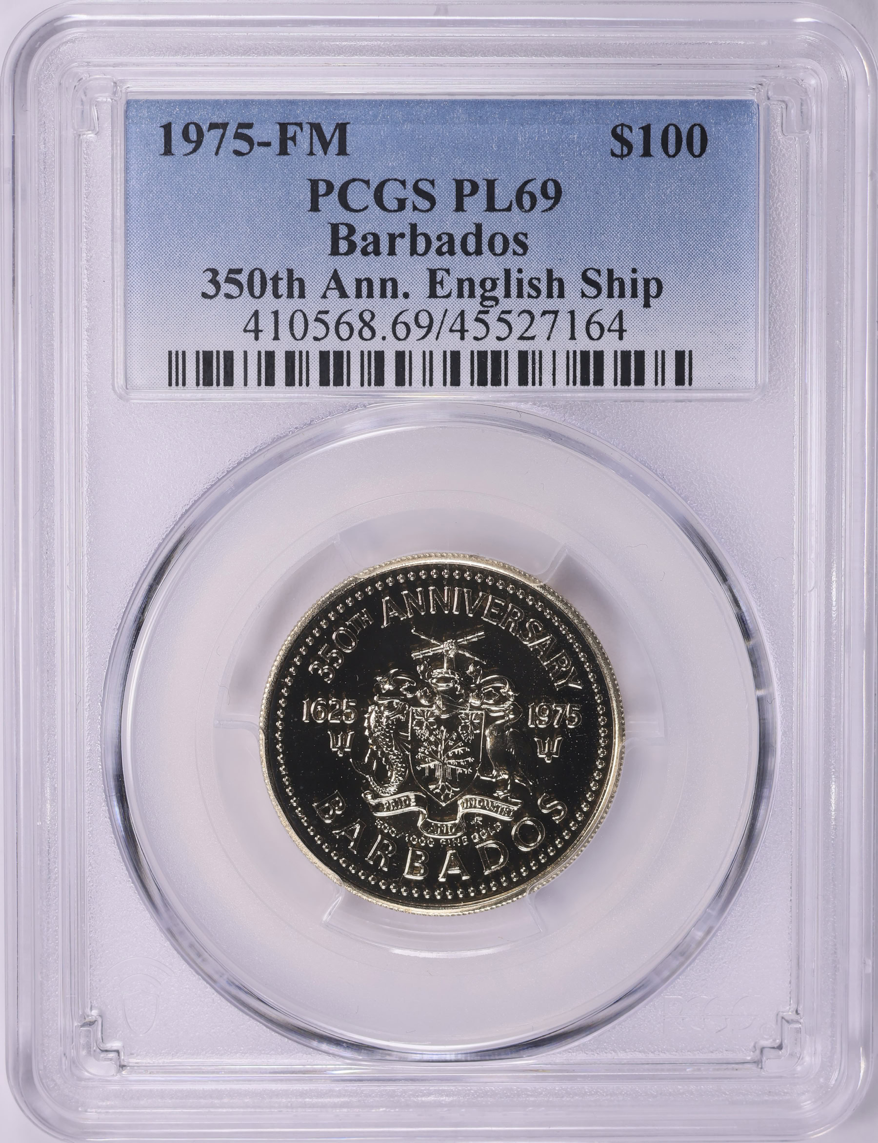 Barbados 1975-FM Gold $100 350th Anniversary - The English Ship KM