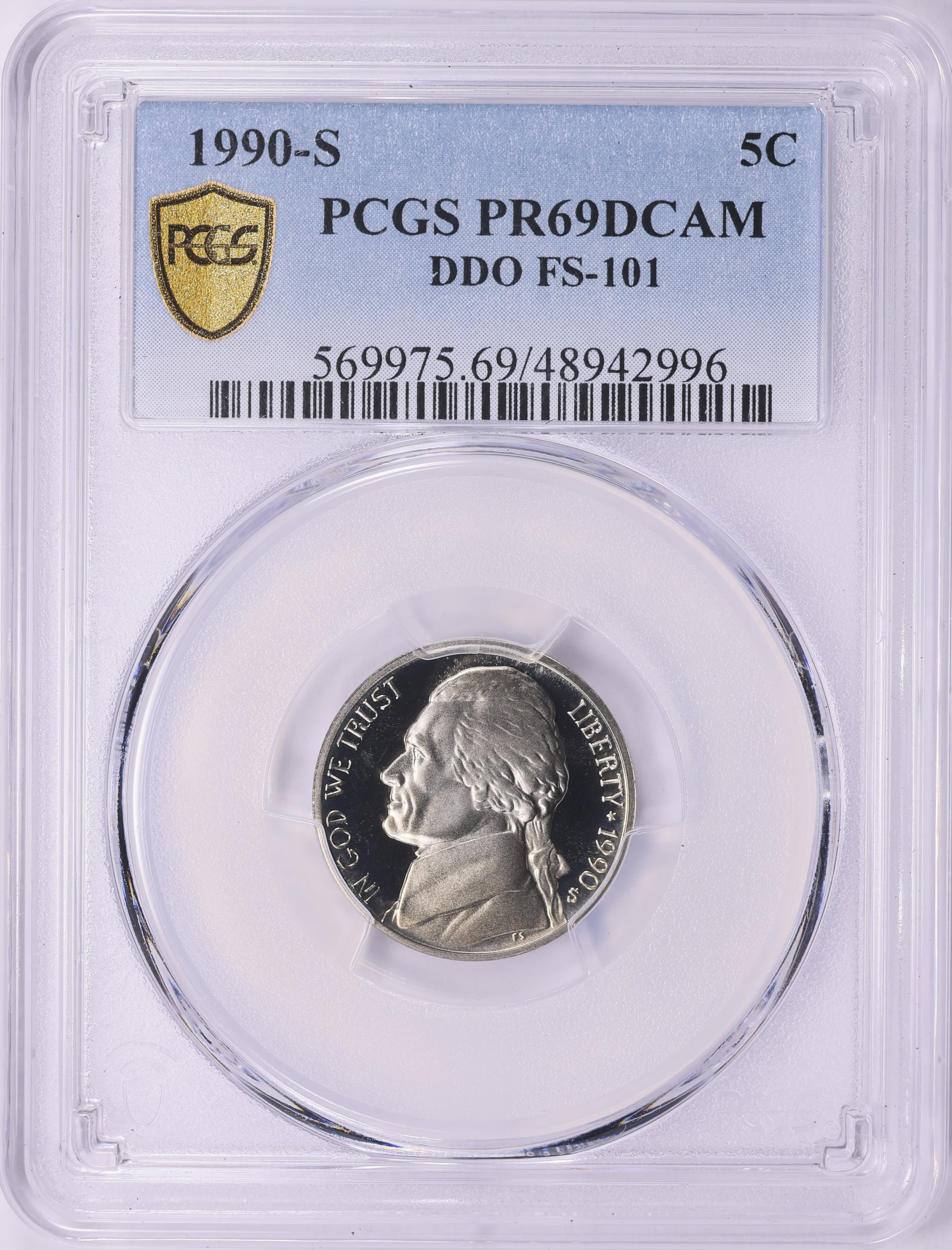 1990-S Jefferson Nickel Doubled Die Obverse FS-101 PCGS Proof-69