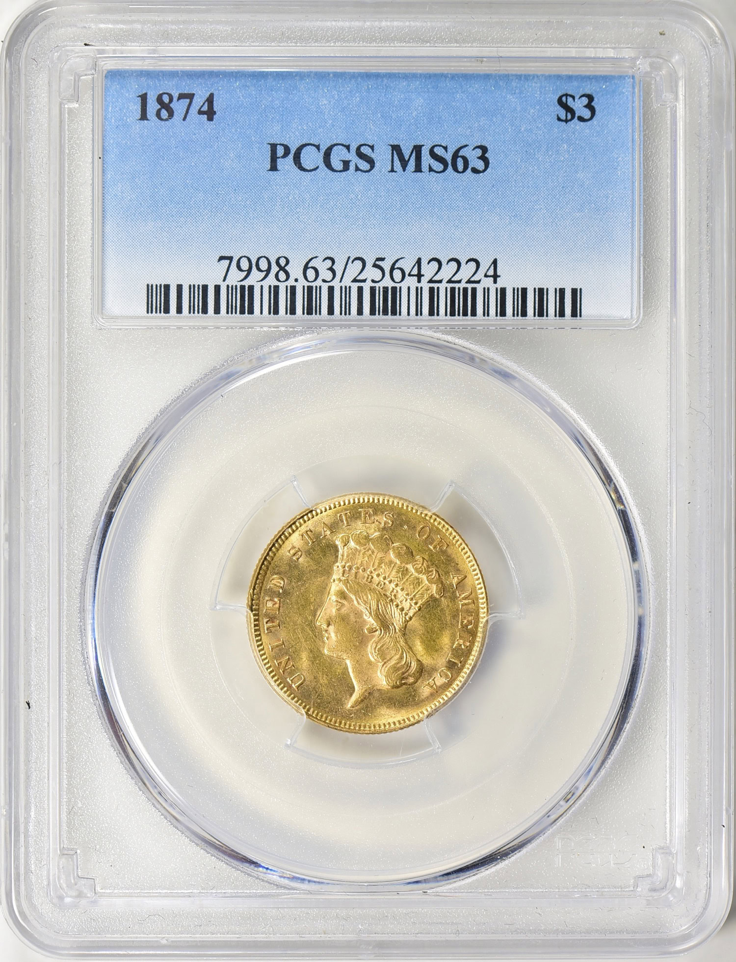 1874 Three-Dollar Gold Piece PCGS MS-63 (Item 2032719
