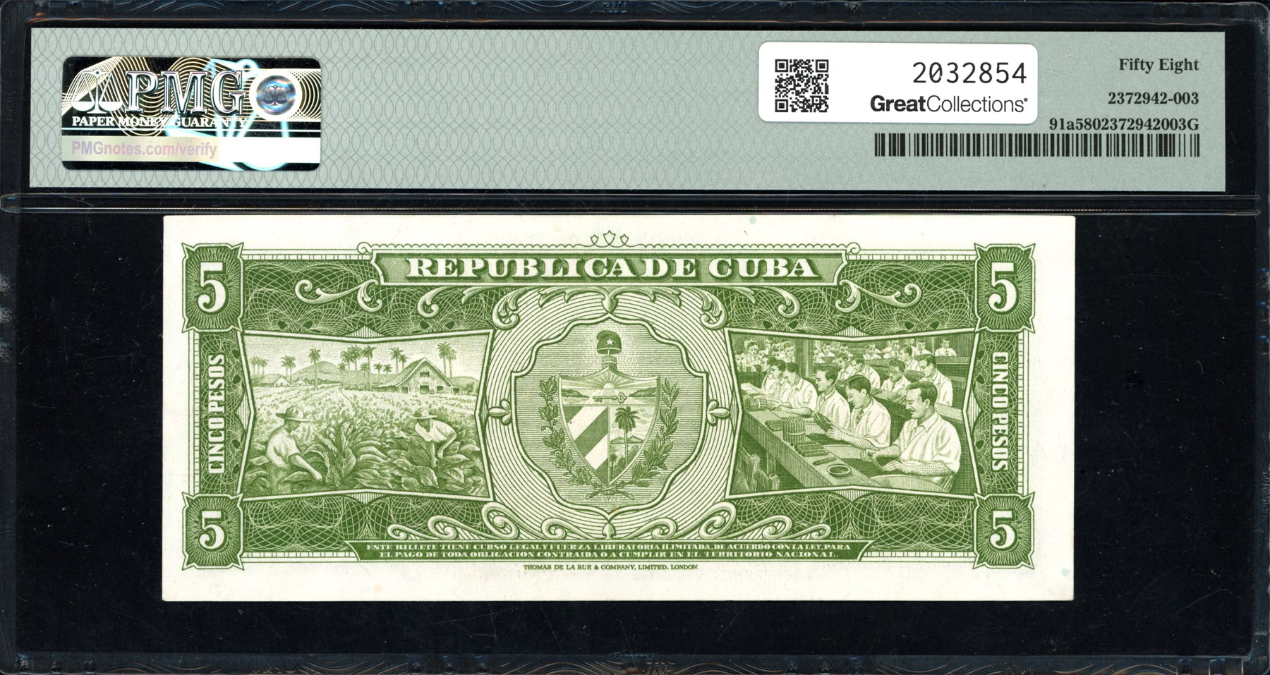 Cuba 1958 5 Pesos Banco Nacional de Cuba Note SCWPM-91a PMG Choice