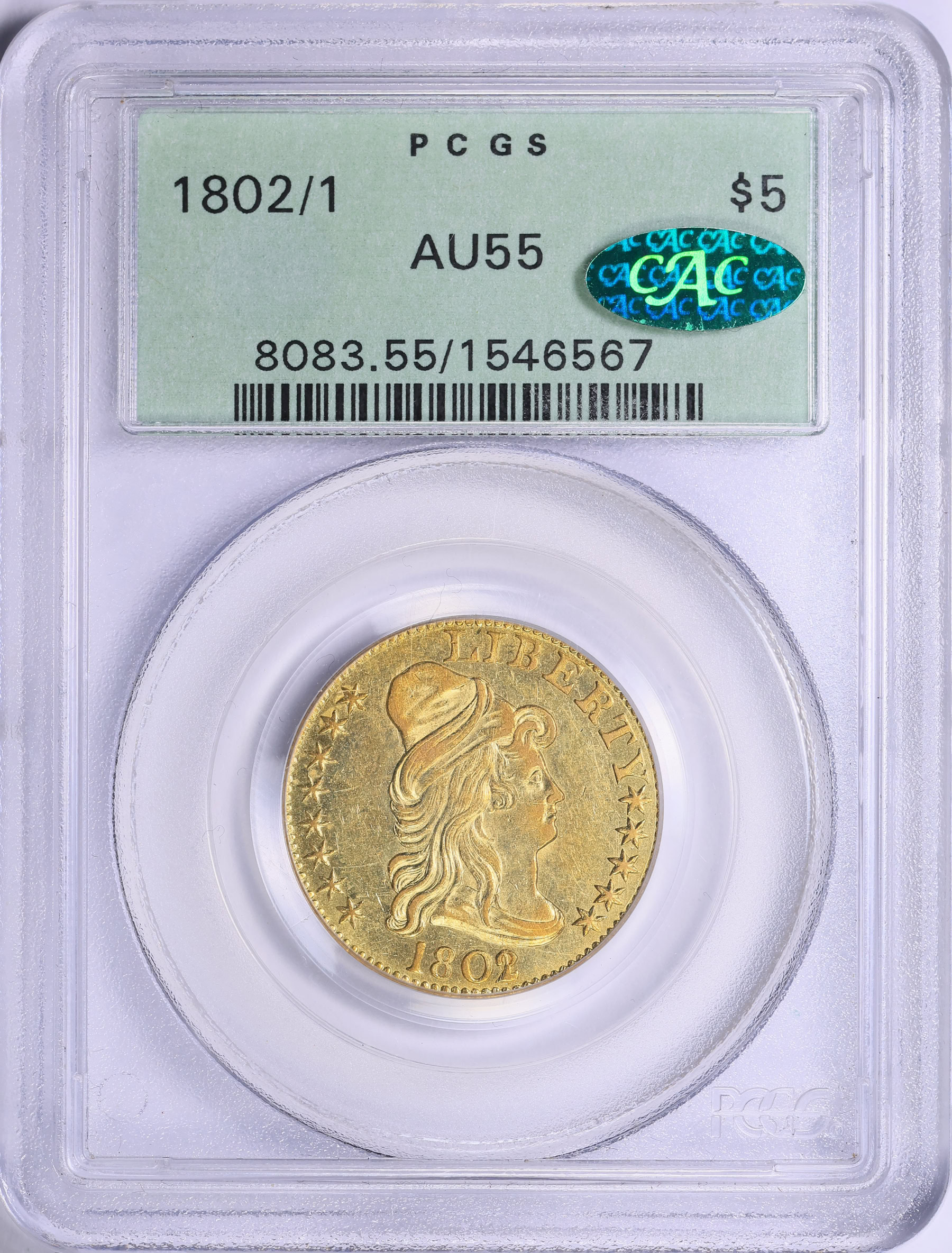 1802/1 Capped Bust Right Gold Half Eagle PCGS AU-55 (CAC Green