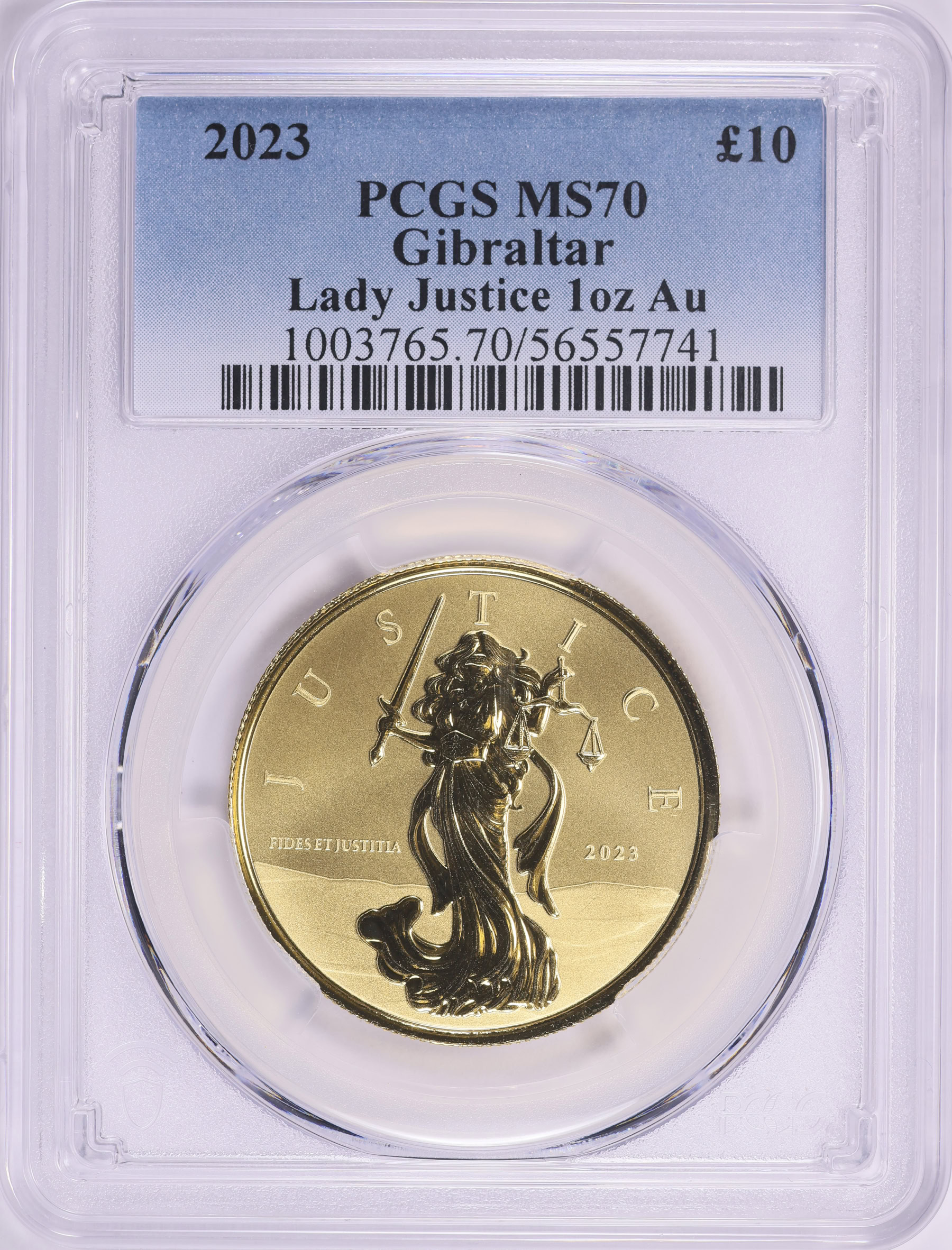 Gibraltar 2023 Gold £10 Lady Justice PCGS MS-70 (AGW = 0.999 oz