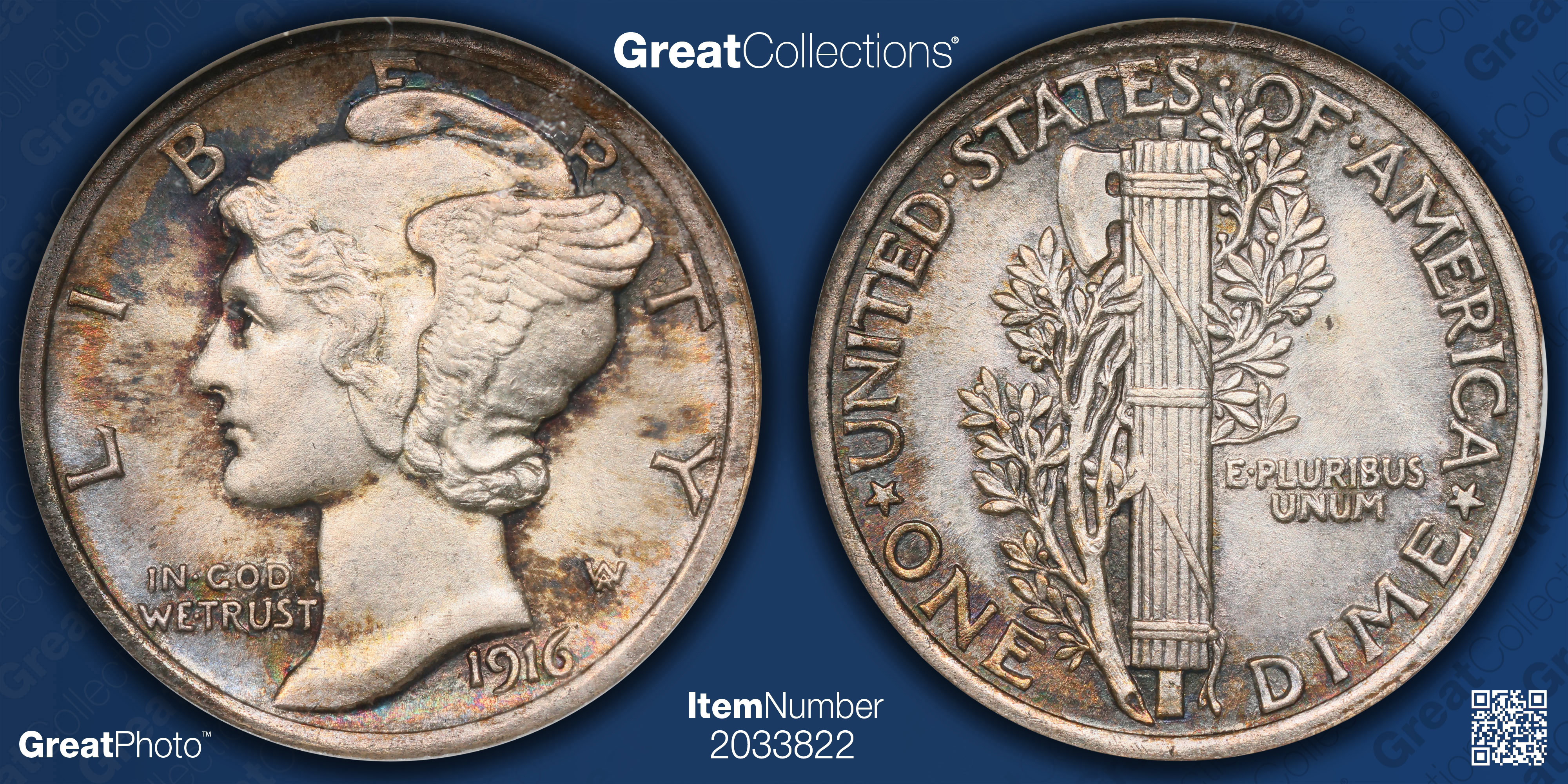 1916 Mercury Dime ANACS MS-65 FB OH (Toned) (Item 2033822