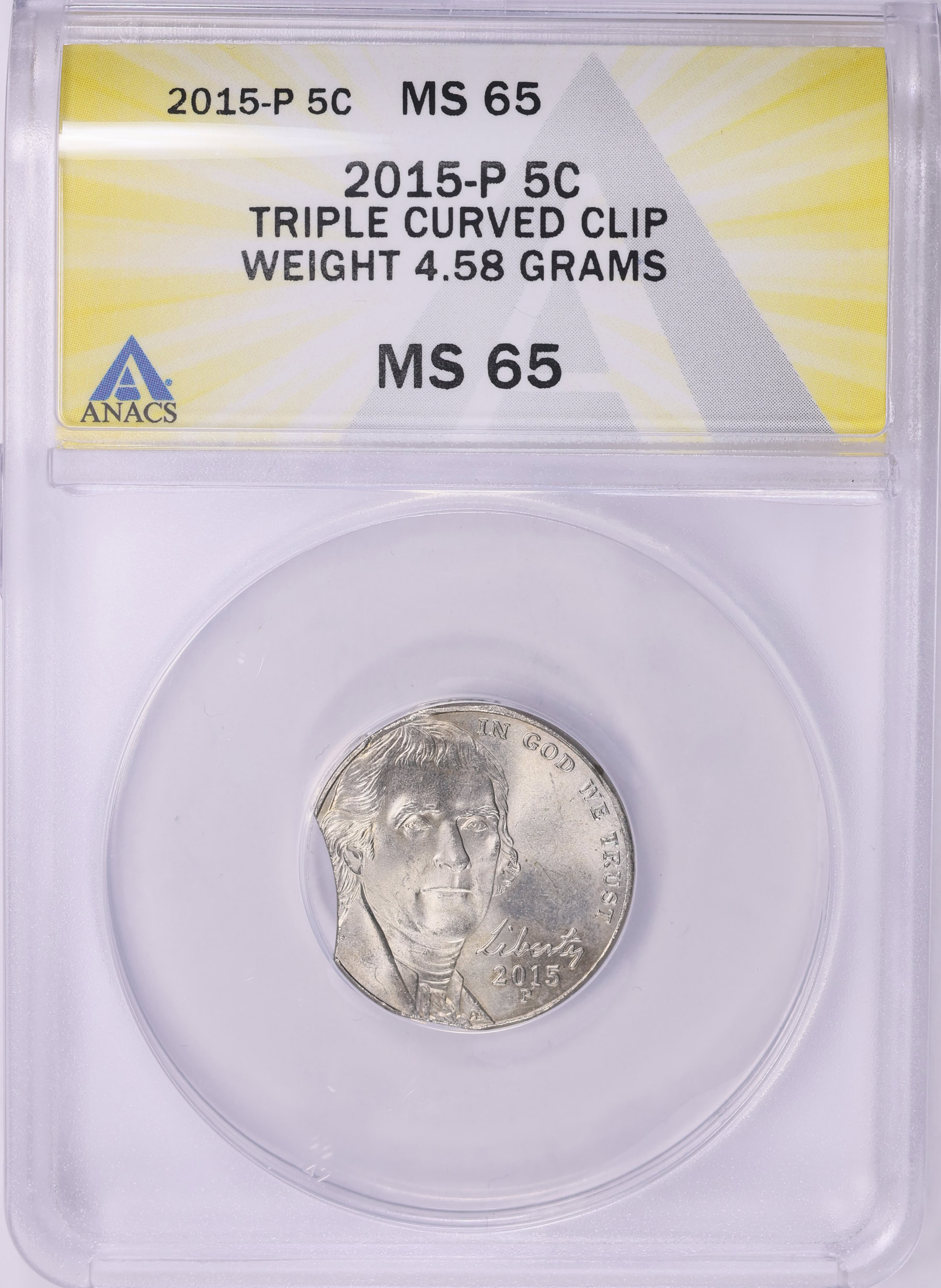 Mint Error 2015-P Jefferson Nickel Triple Curved Clip Weight 4.58