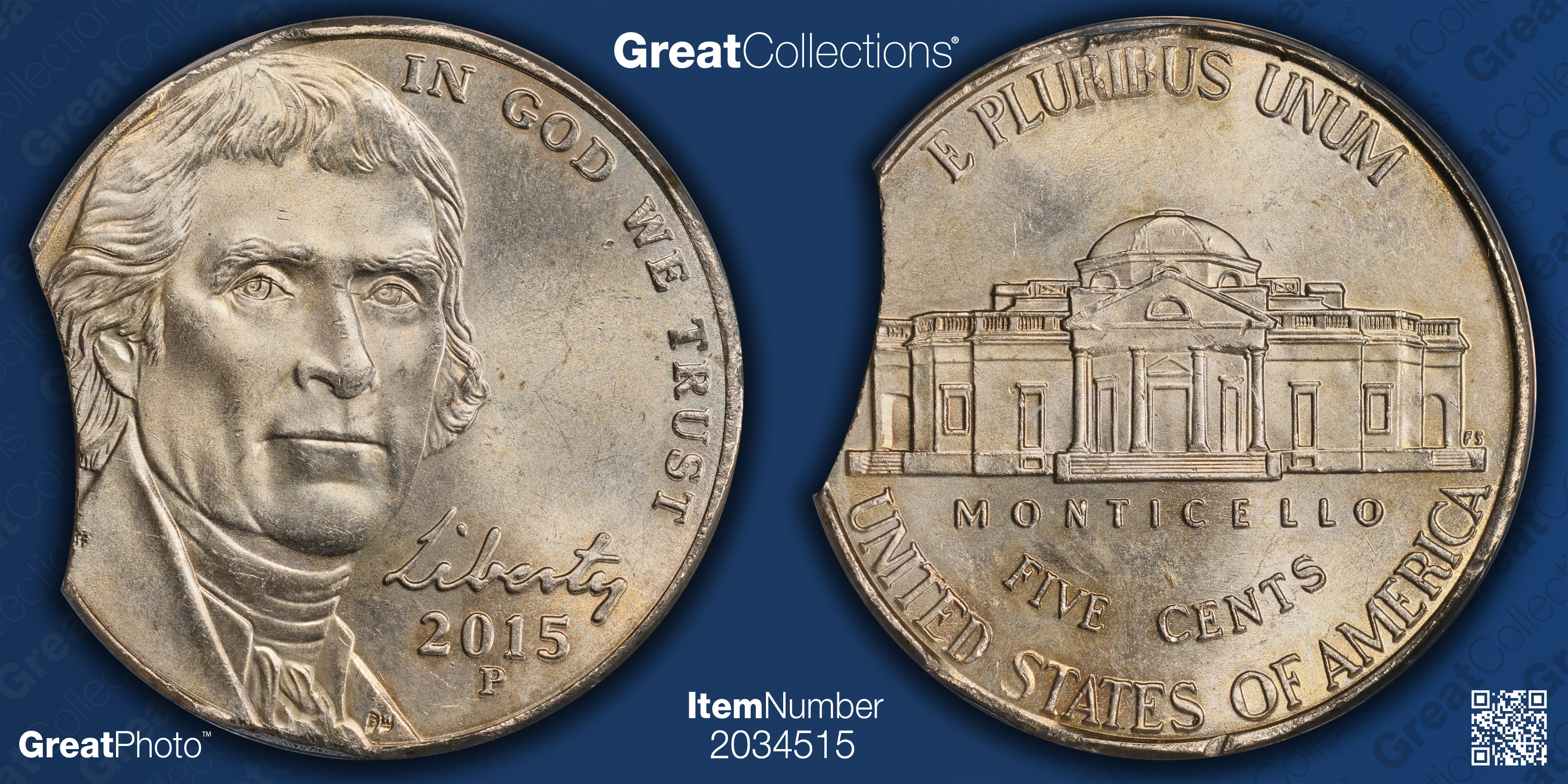 Mint Error 2015-P Jefferson Nickel Triple Curved Clip Weight 4.58