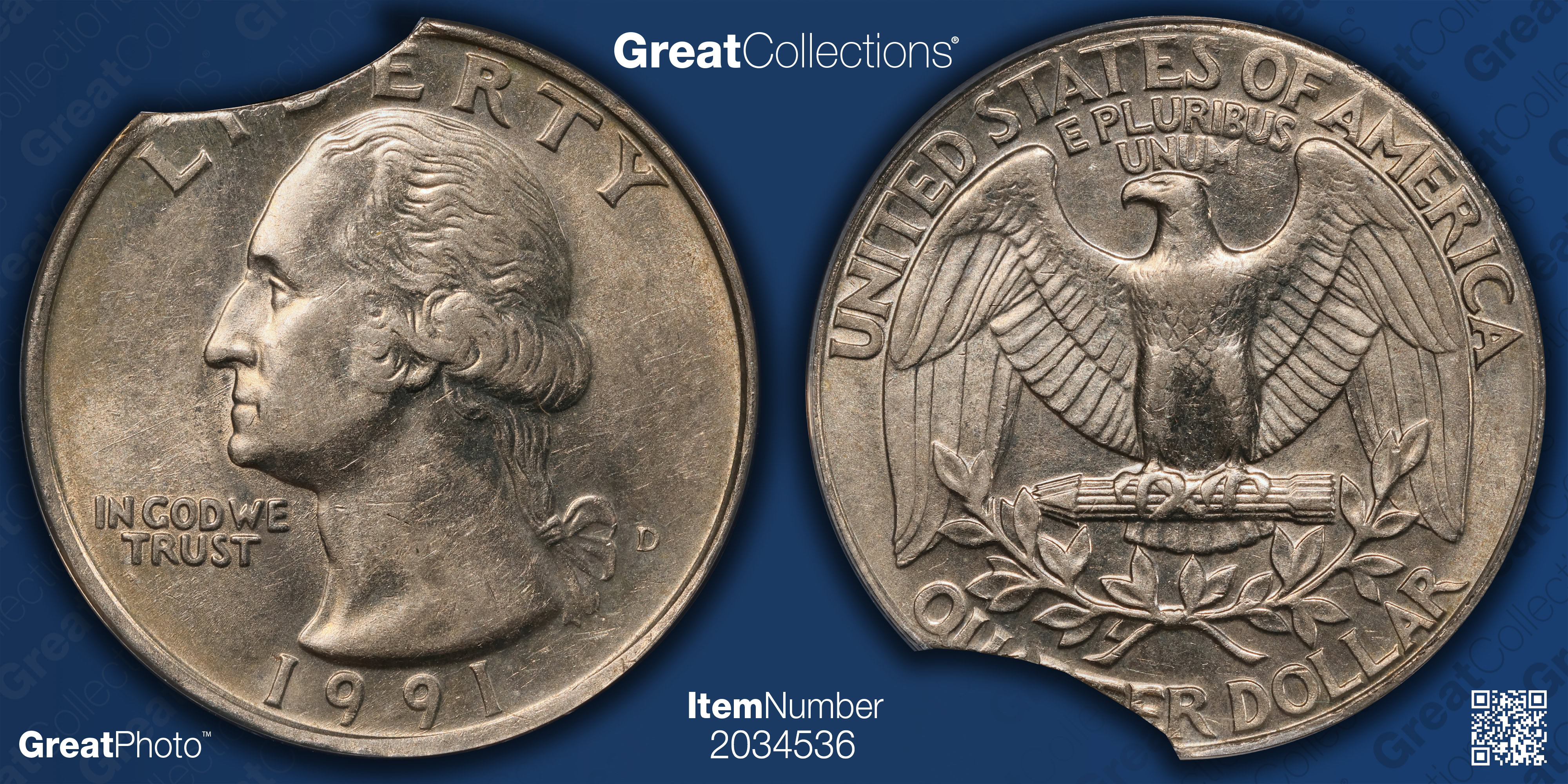 Mint Error 1991-D Washington Quarter Curved Clip 5.46 Grams ANACS