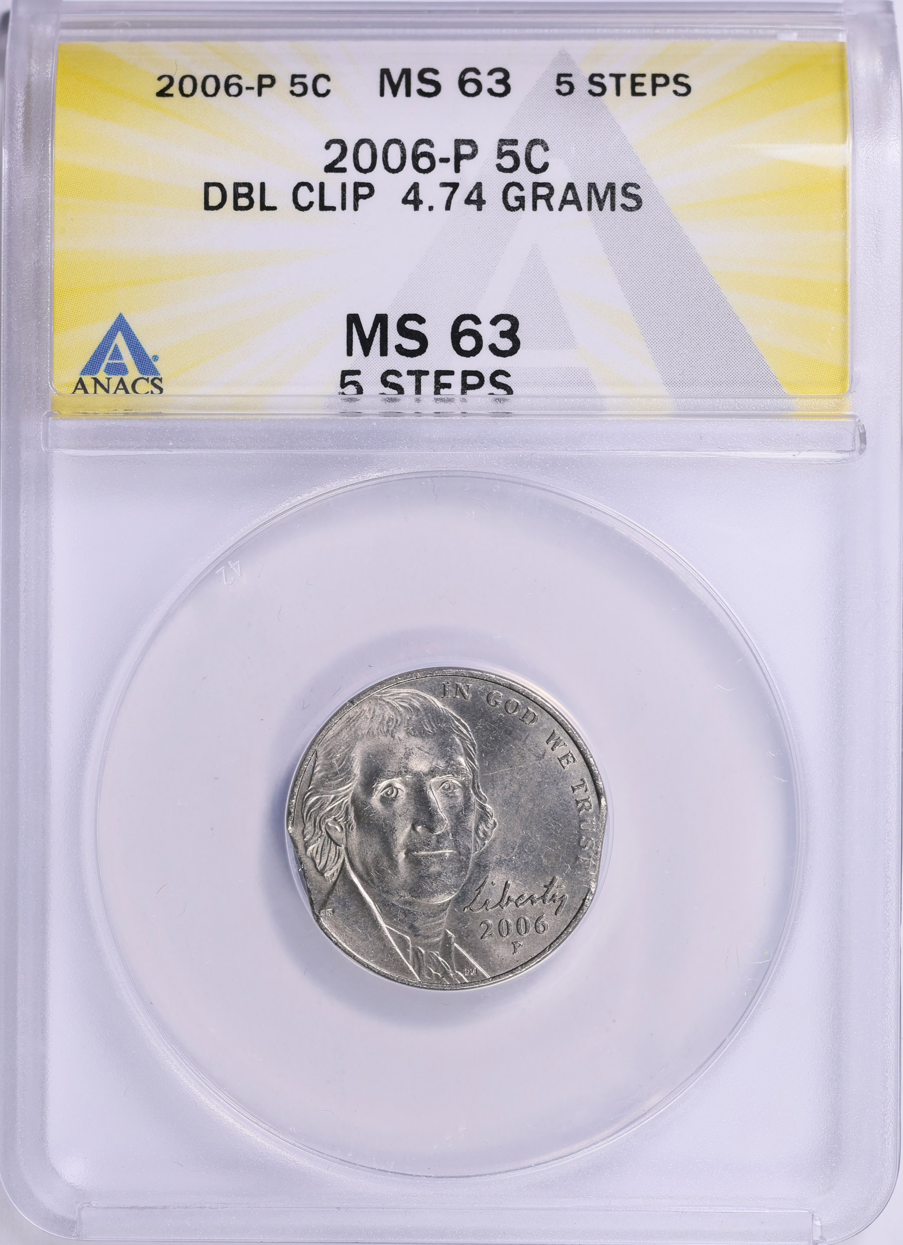Mint Error 2006-P Jefferson Nickel Double Clip 4.74 Grams ANACS MS