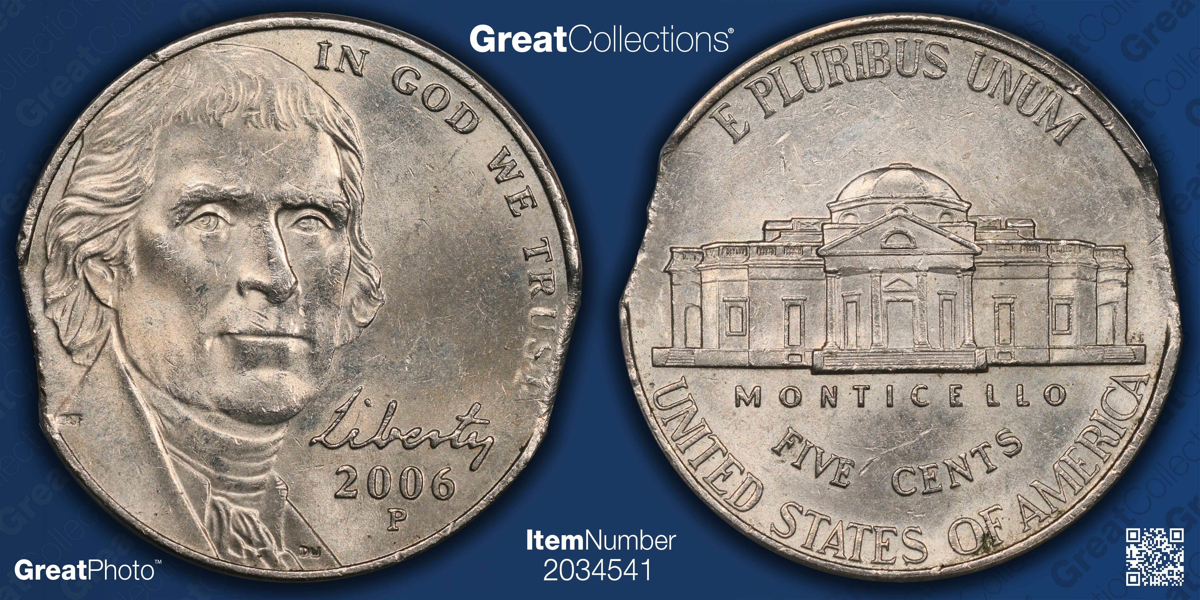 Mint Error 2006-P Jefferson Nickel Double Clip 4.74 Grams ANACS MS