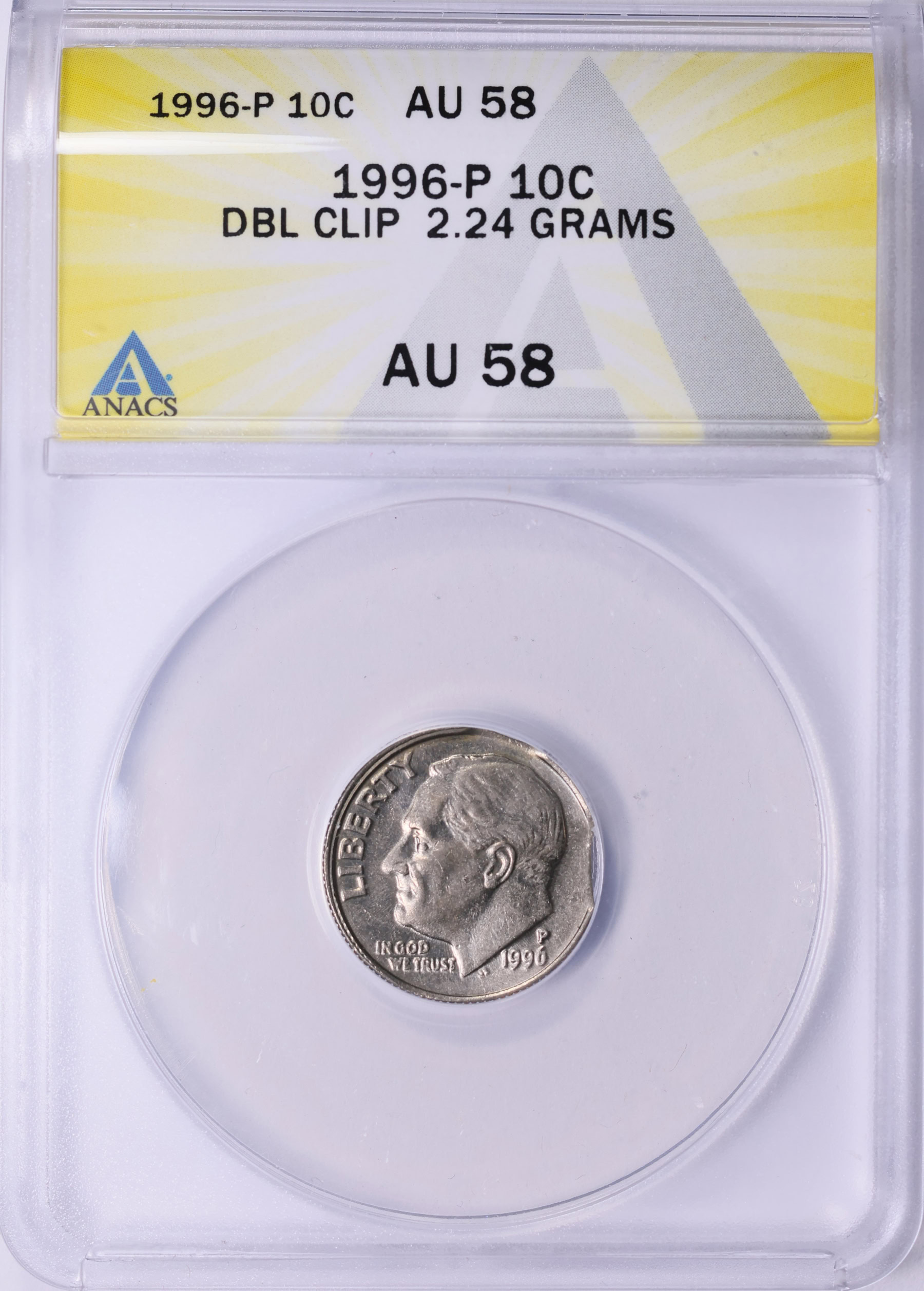 オーストラリア産　美麗タマムシ　31mm Mint Error 1996-P Roosevelt Dime Double Clip 2.24 Grams ANACS AU