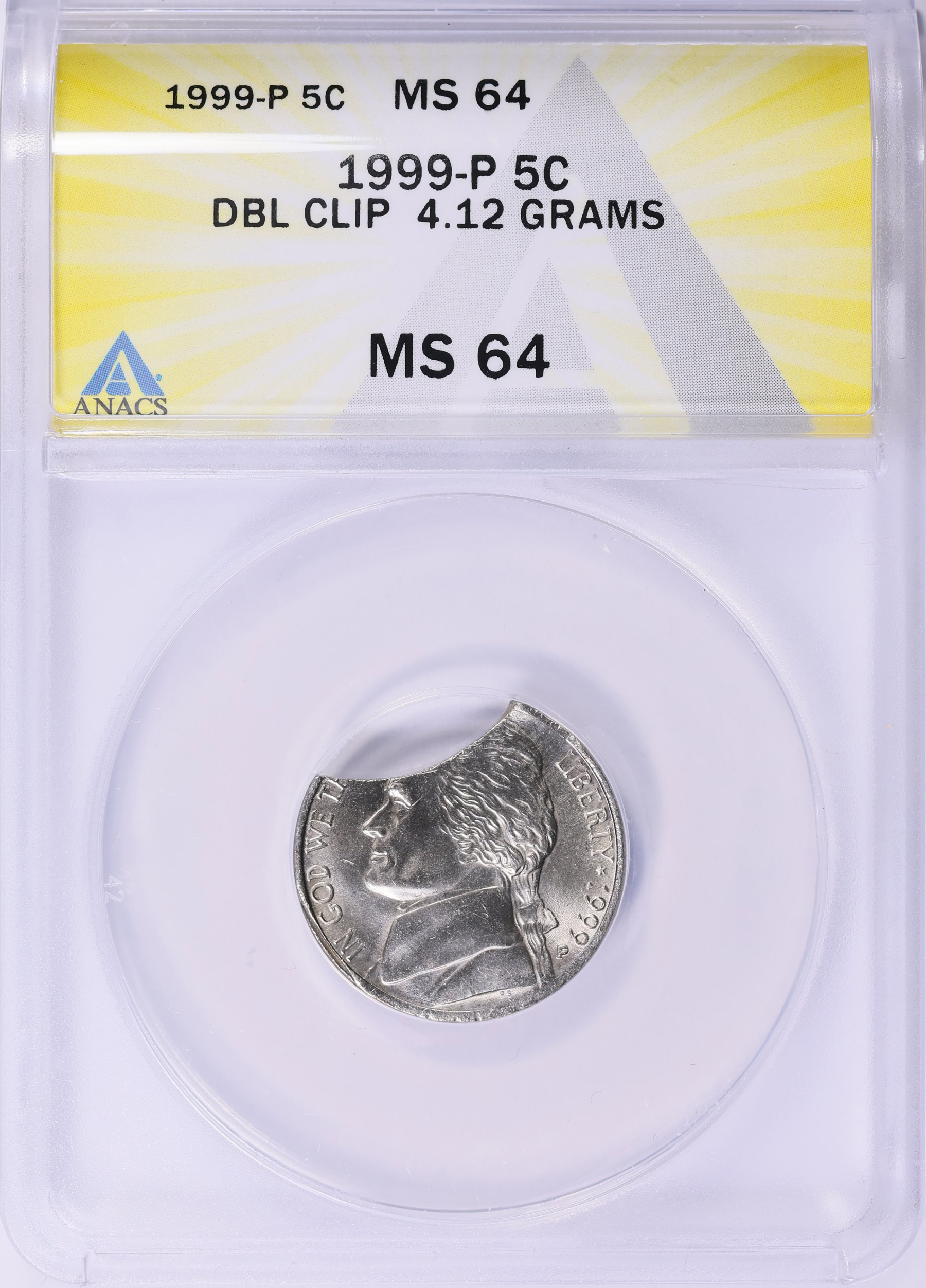 Mint Error 1999-P Jefferson Nickel Double Clip 4.12 Grams ANACS MS