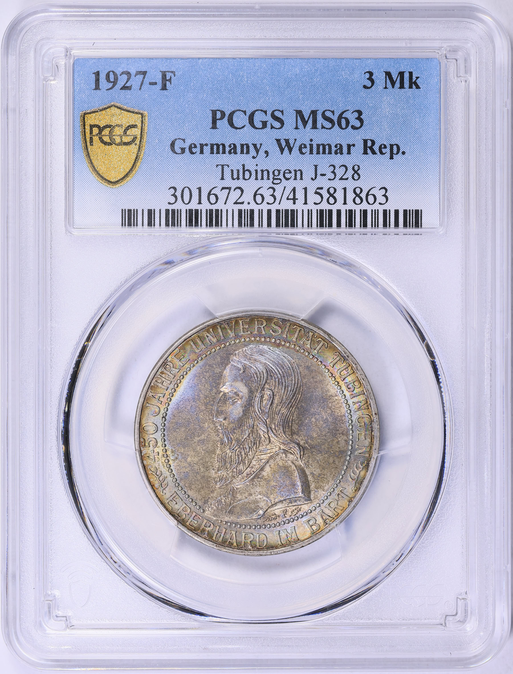 Germany 1927-F Silver 3 Marks Tubingen University 450th Anniversary KM-54  PCGS MS-63 (Toned) (Item 2034882) | GreatCollections Coin Auctions
