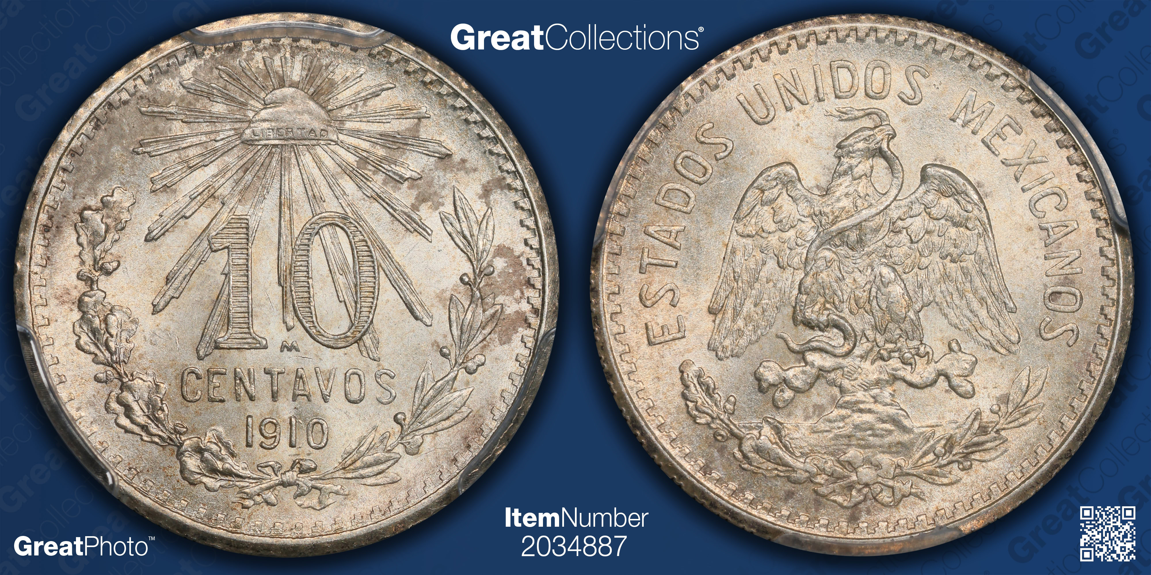 Mexico 1910/00-M Silver 10 Centavos KM-428 PCGS MS-65 (Item