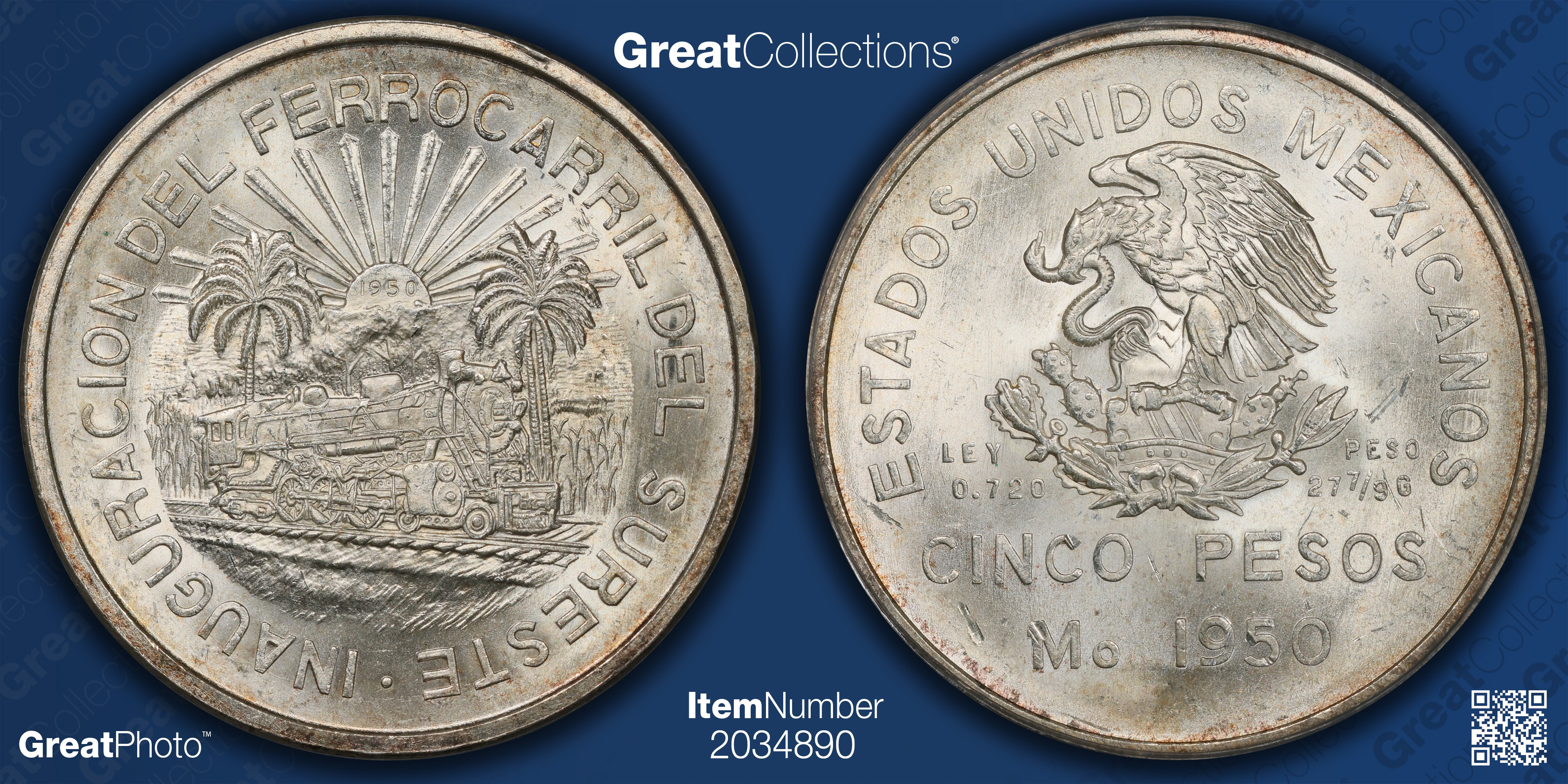 Mexico 1950-Mo Silver 5 Pesos Opening of the Southern Railroad KM