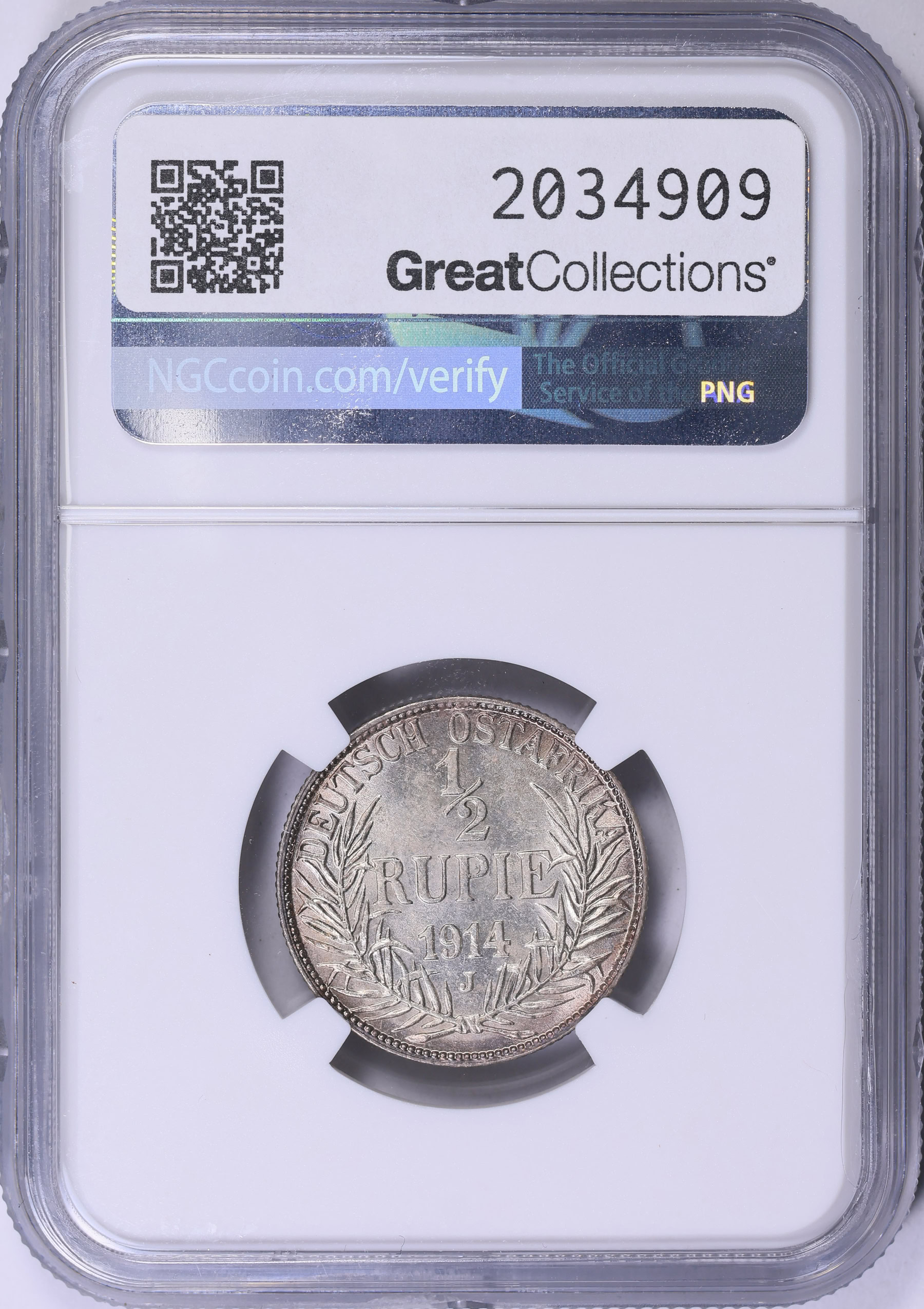 German East Africa 1914-J Silver 1/2 Rupie KM-9 NGC MS-62 (Item