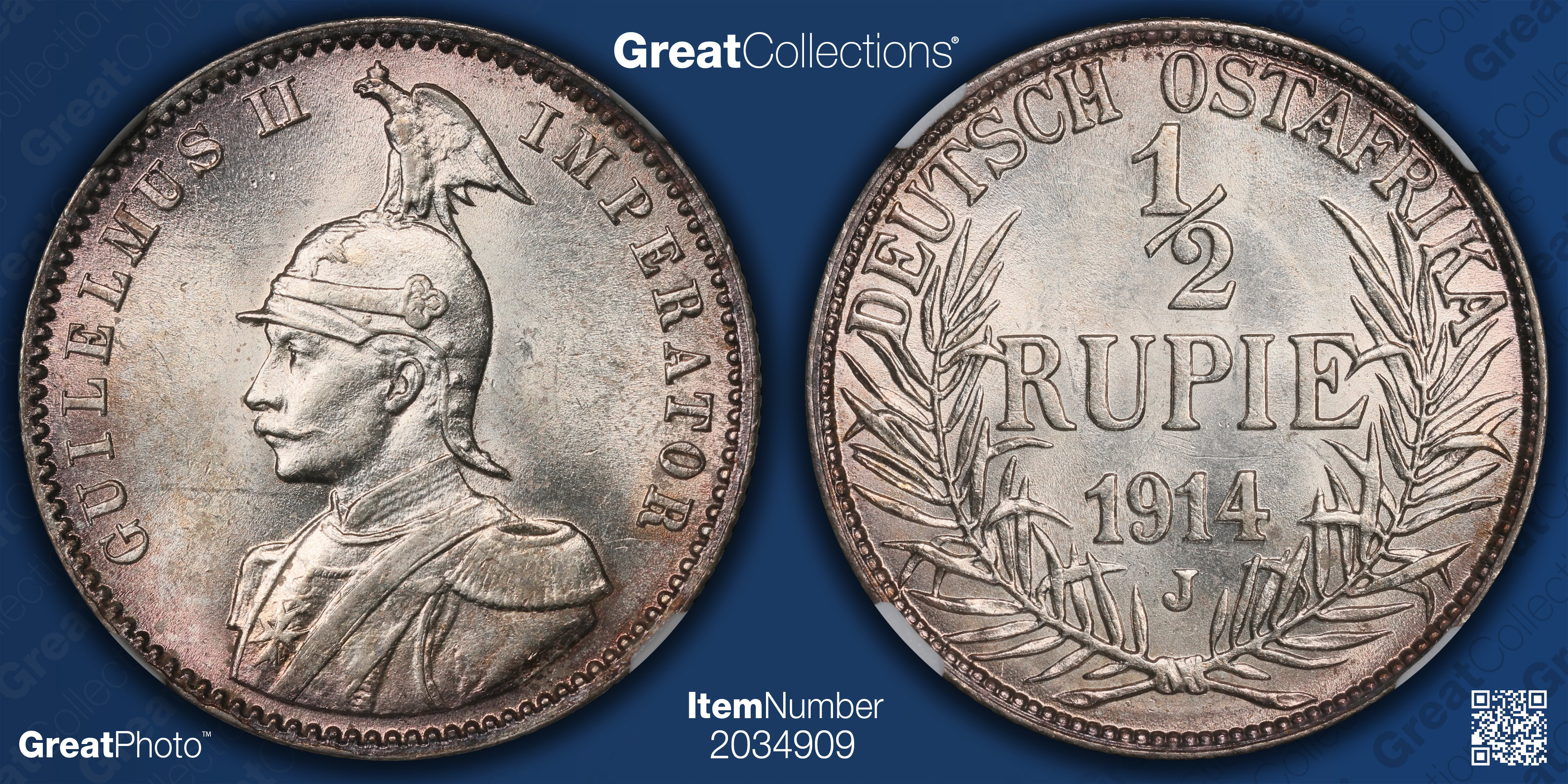 German East Africa 1914-J Silver 1/2 Rupie KM-9 NGC MS-62 (Item