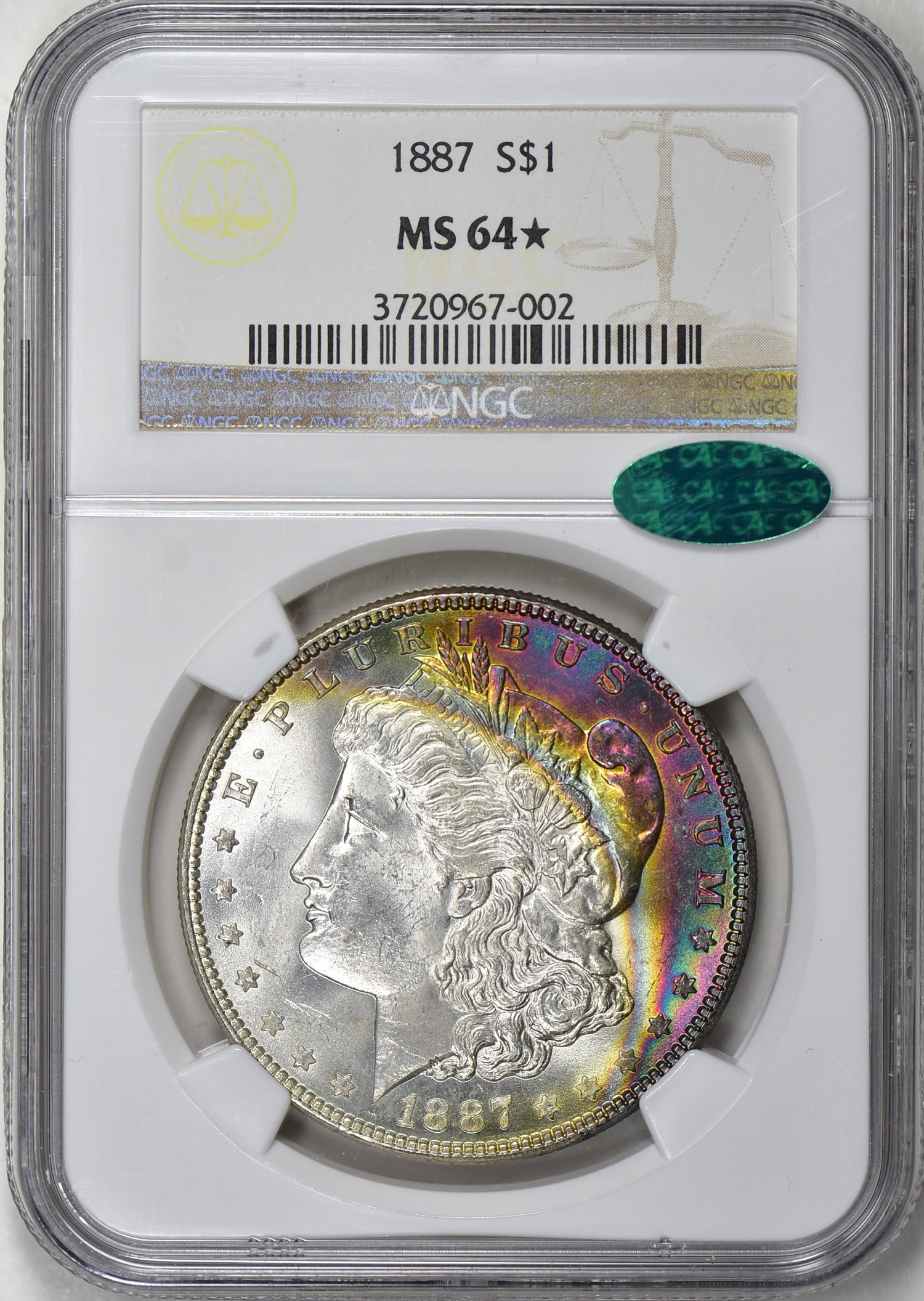 1887 P モーガン シルバー ダラー PCGS MS 64+、オリジナル銀行バッグトーン ~ 希少グレード!