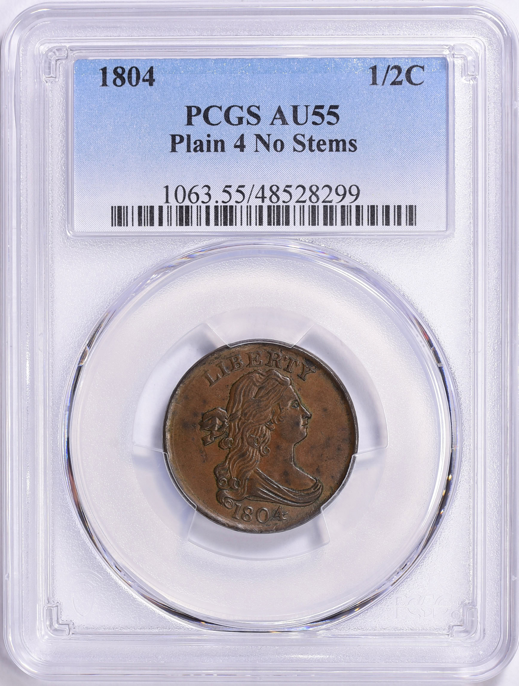 1804 Draped Bust Half Cent Plain 4, No Stems PCGS AU-55 BN (Item
