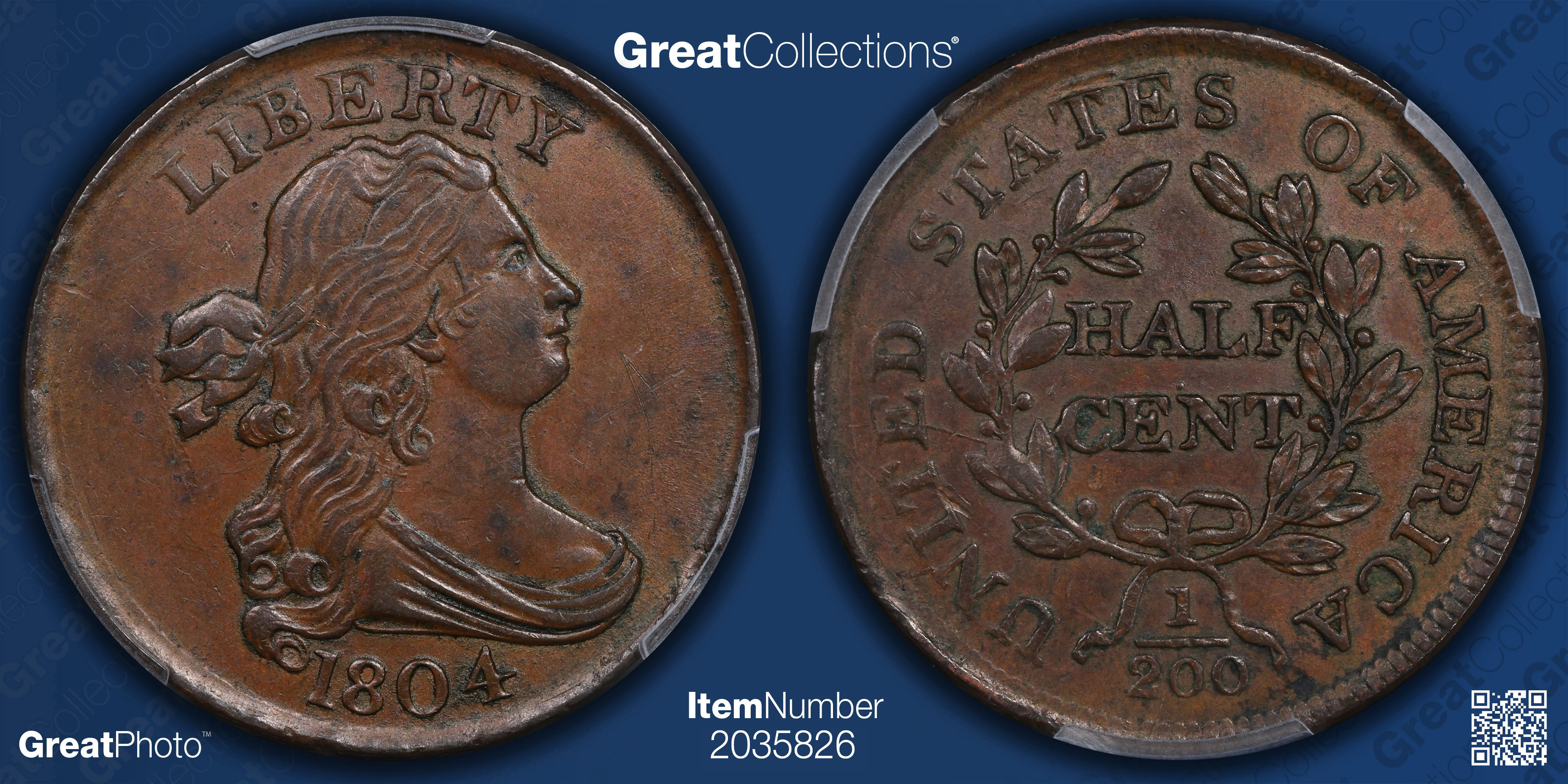 1804 Draped Bust Half Cent Plain 4, No Stems PCGS AU-55 BN (Item