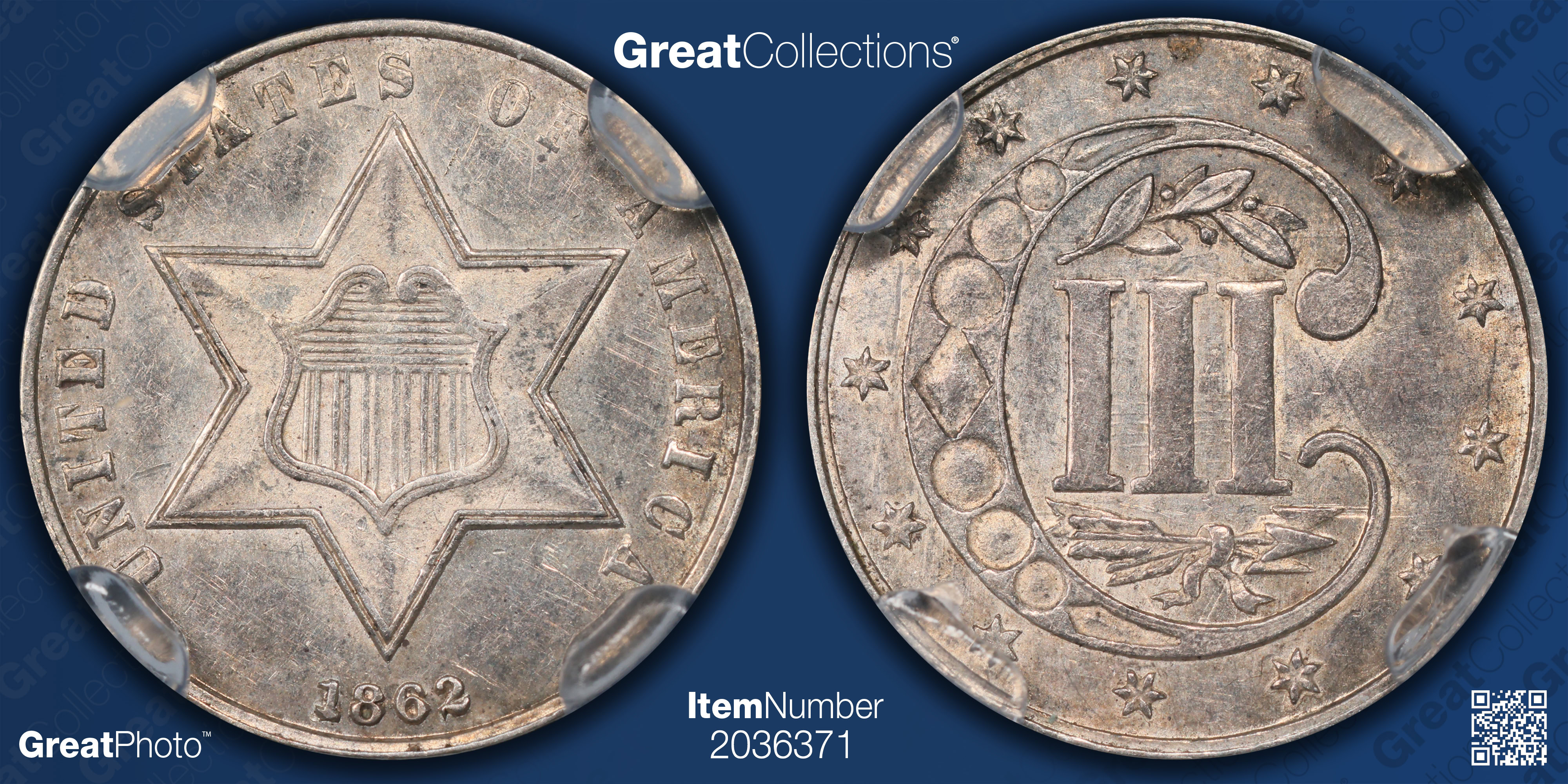 1862 Silver Three-Cent Piece NGC AU-58 (EDC Red Core) (Item