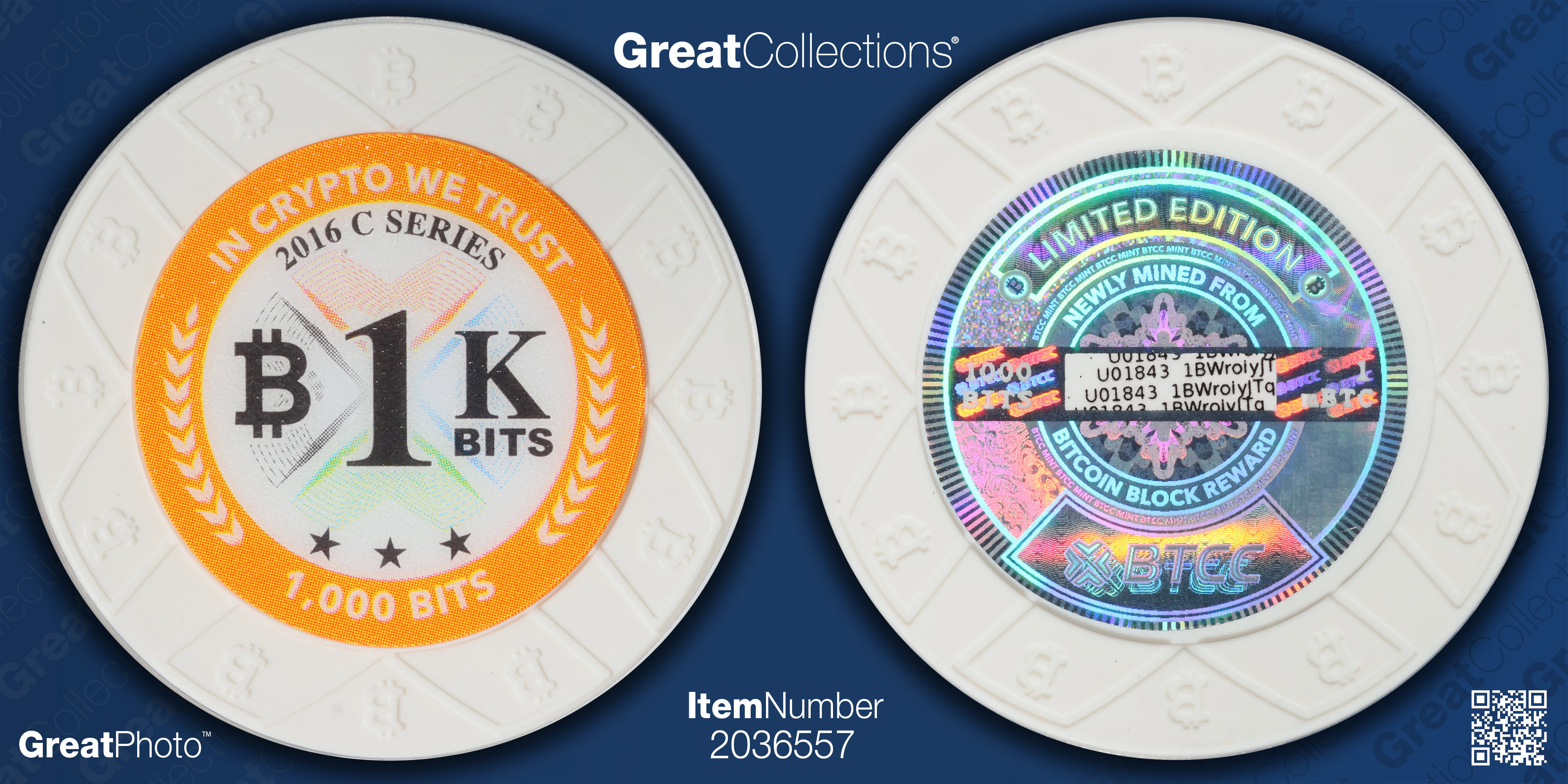 2016 BTCC White 1,000 Bits Chip PCGS MS-69 (Item 2036557) |  GreatCollections Coin Auctions