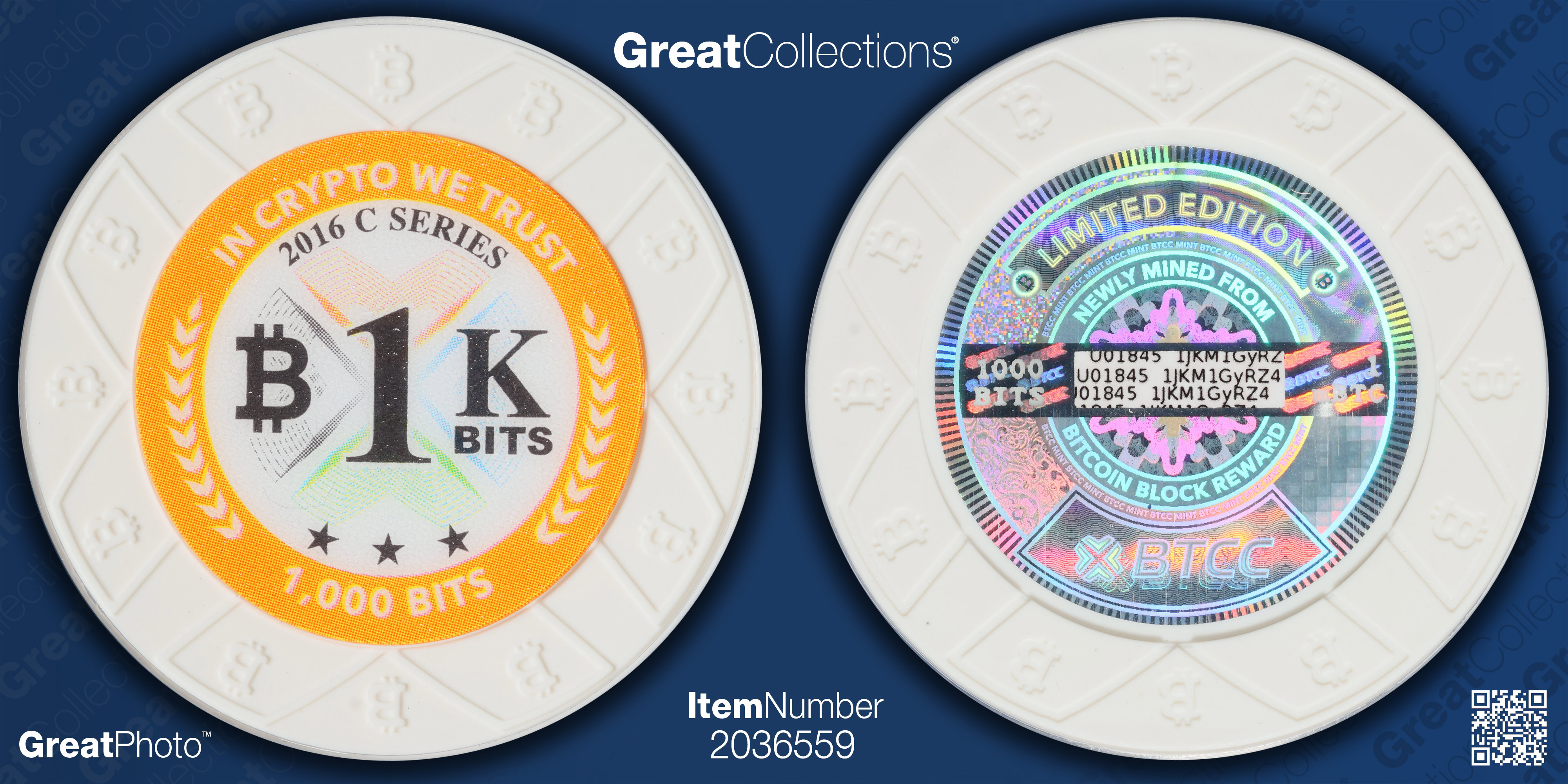 2016 BTCC White 1,000 Bits Chip PCGS MS-69 (Item 2036559) |  GreatCollections Coin Auctions