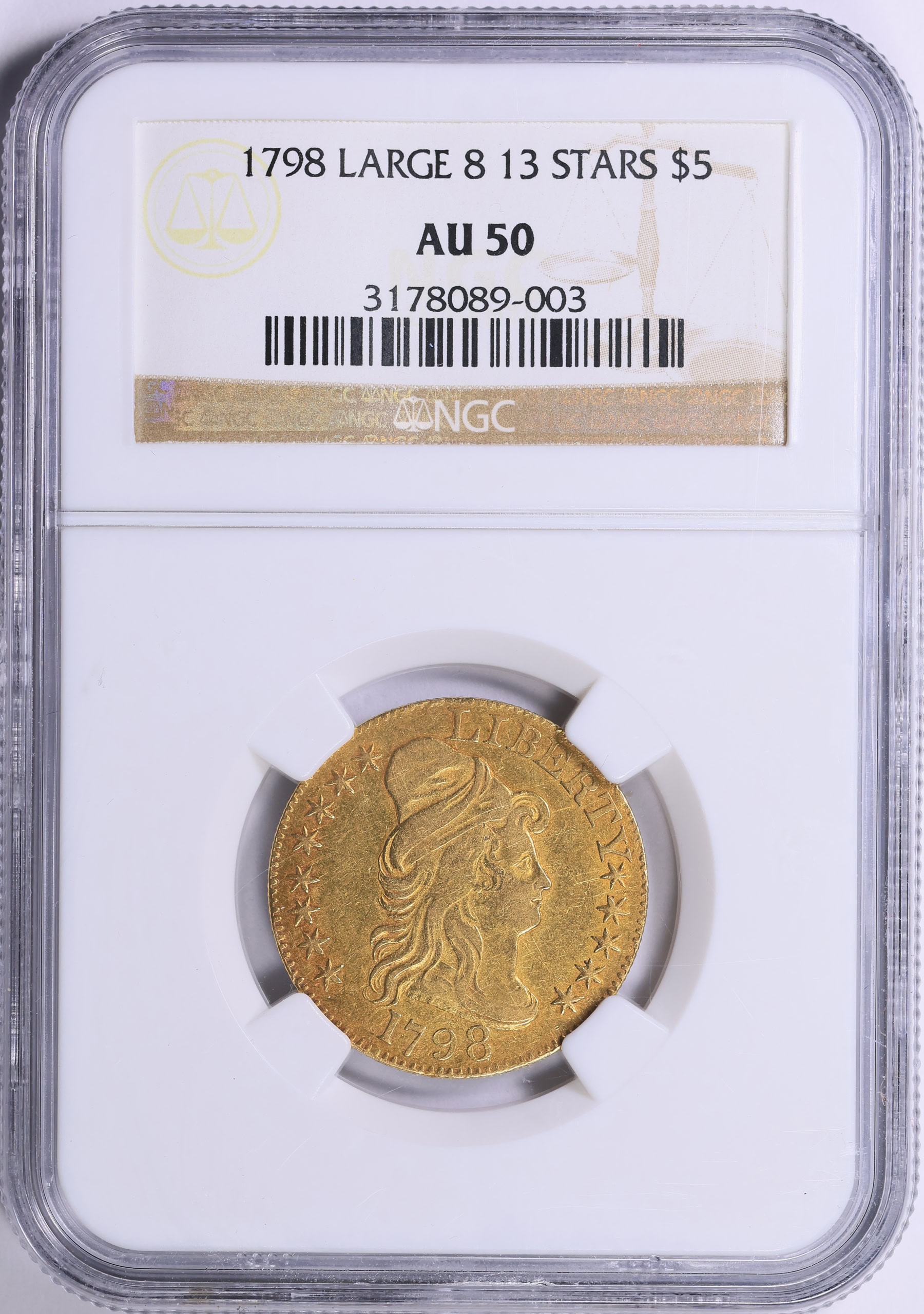 1798 Capped Bust Right Gold Half Eagle Large 8, 13 Reverse Stars NGC AU ...