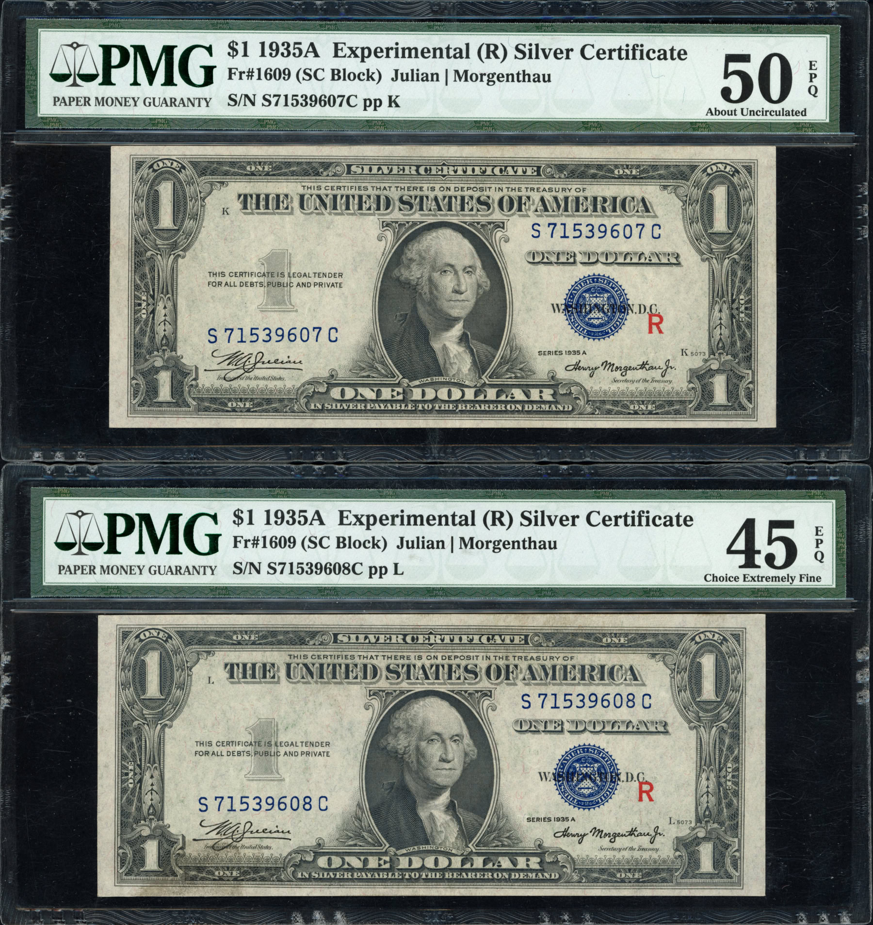 Fr. 1609 (SC Block) 1935A $1 Experimental (R) Silver Certificate Notes ...