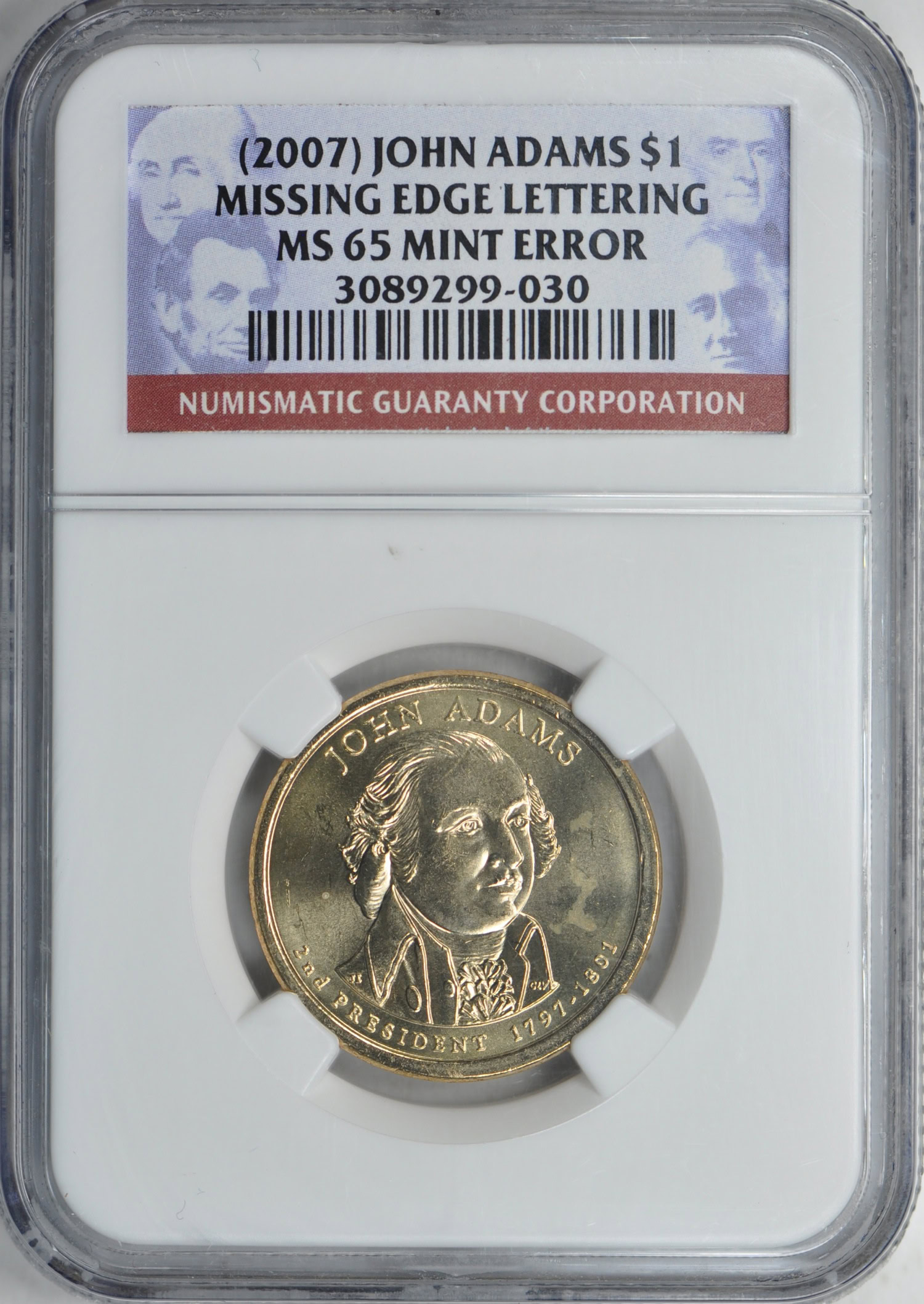Mint Error (2007) Presidential Dollar John Adams Missing Edge Lettering ...