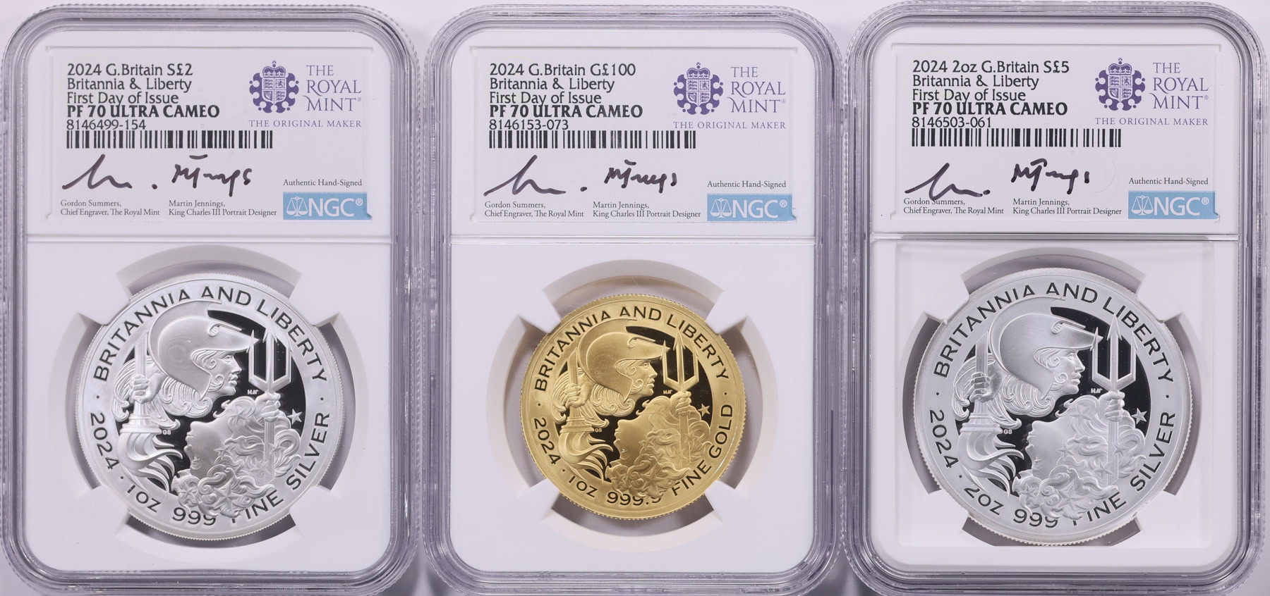 Great Britain 2024 Gold £100 & Silver £2 and £5 Britannia