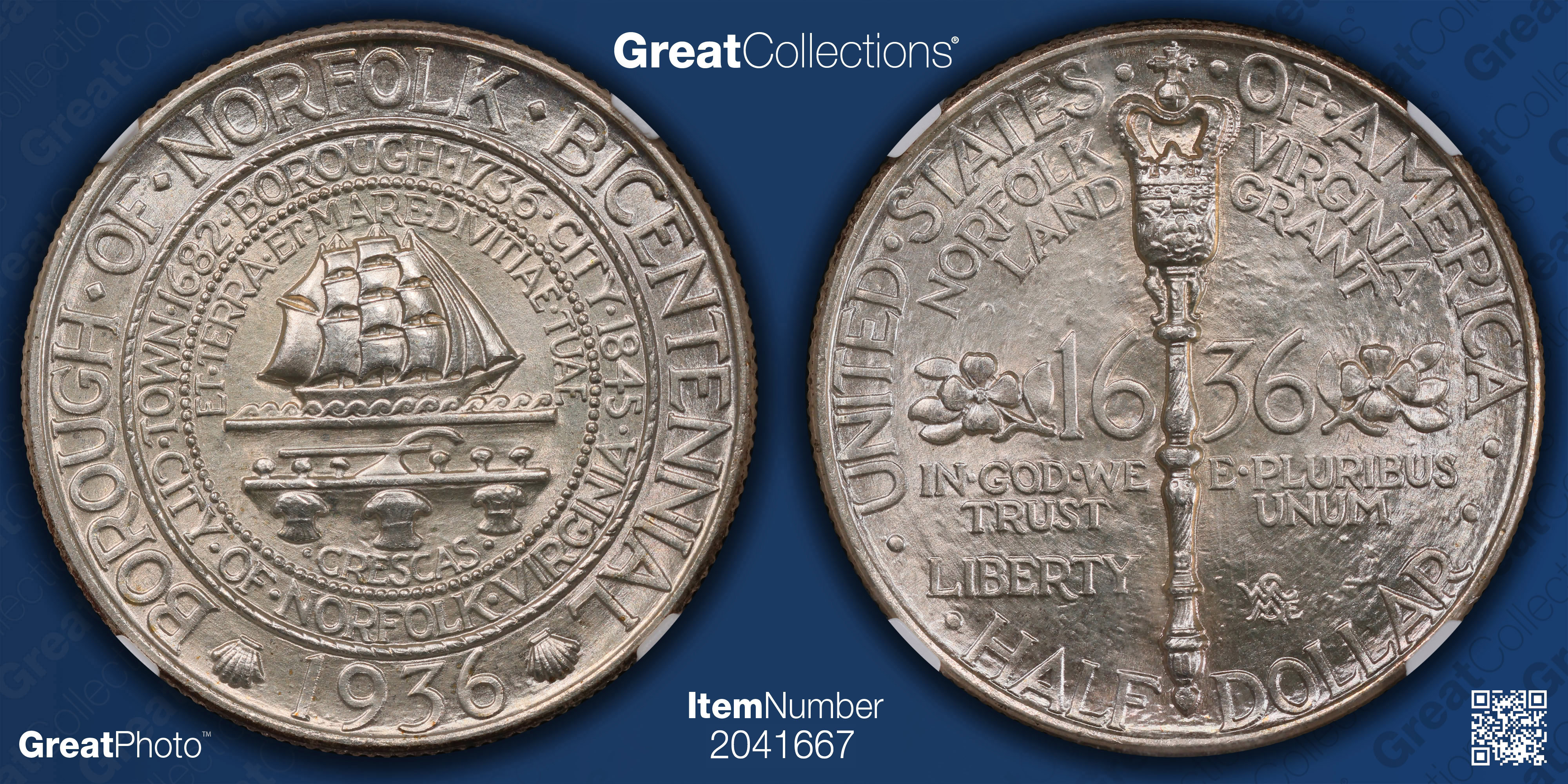 1936 Norfolk, Virginia, Bicentennial Half Dollar NGC MS-67 (Item