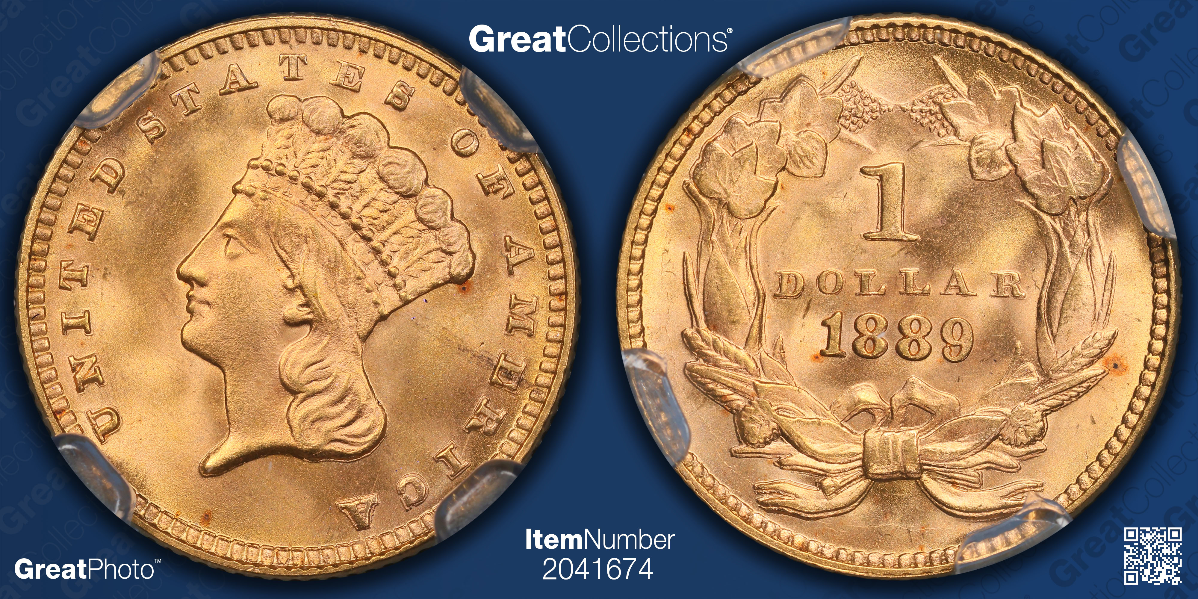 1889 Indian Princess Gold Dollar NGC MS-67 (Purple Bee Frame