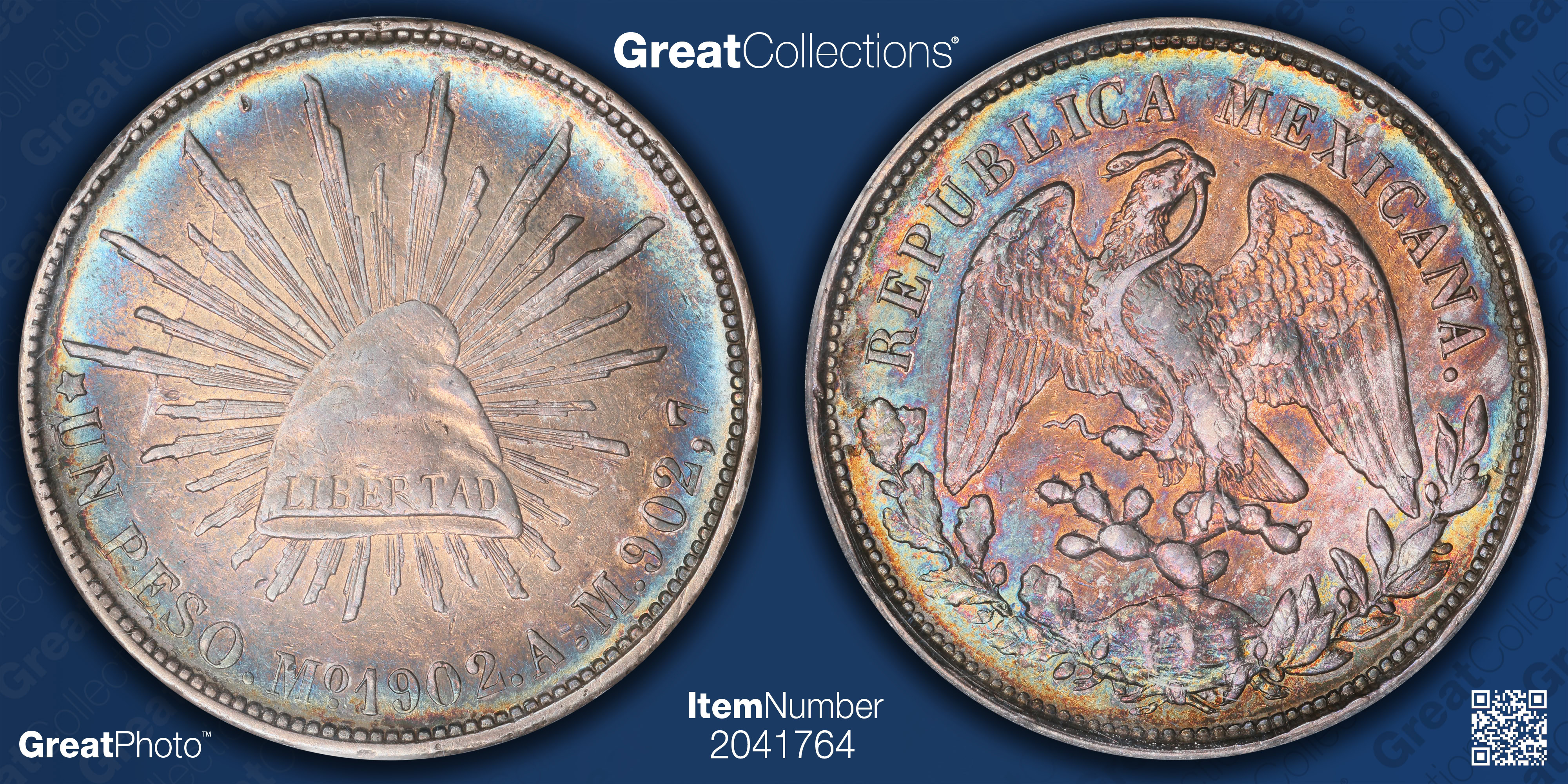 Mexico 1902-Mo AM Silver Peso KM-409.2 PCGS AU-58 (Toned) (Item